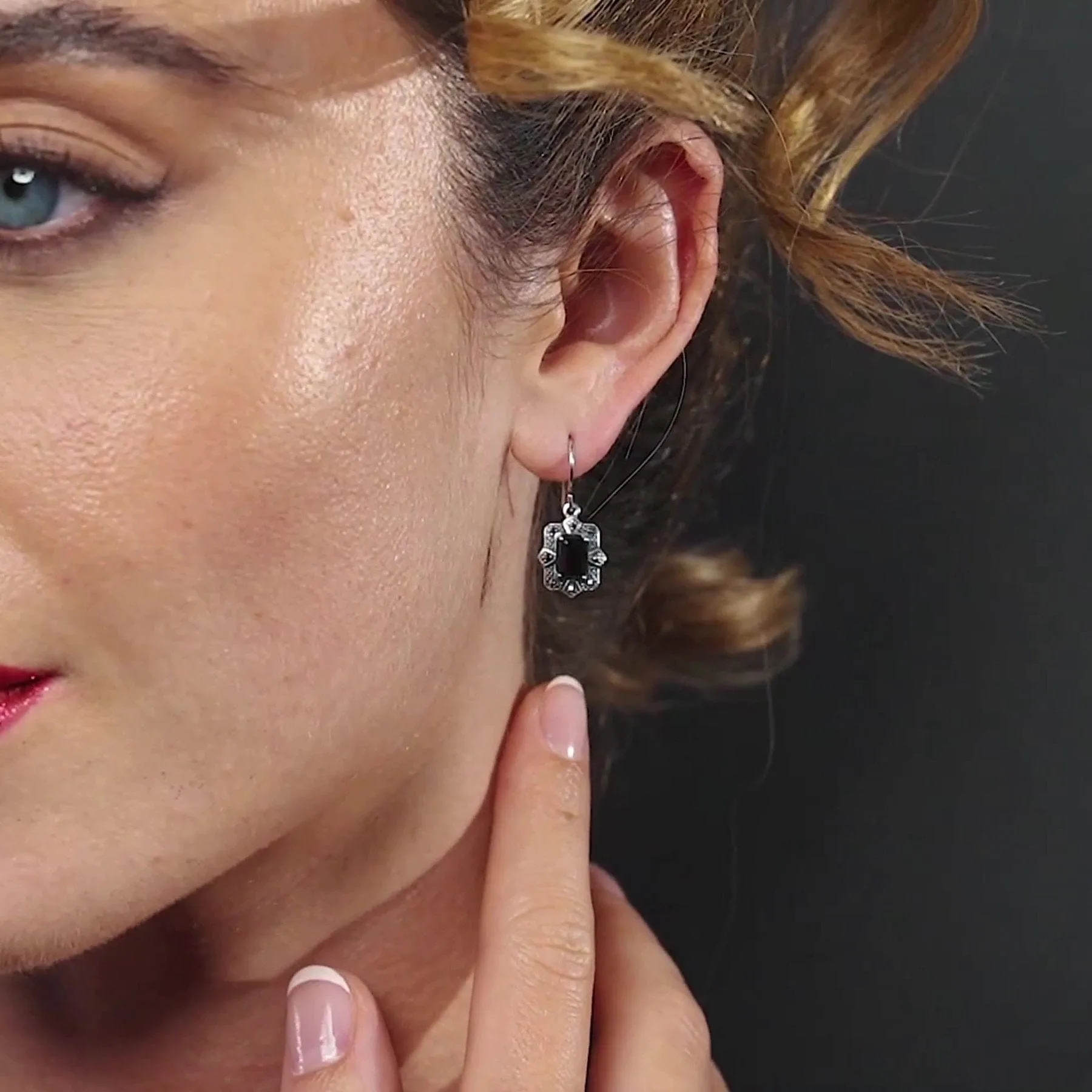 Art Deco Style Black Spinel & Marcasite Earrings & Pendant Set in Silver sold by Gemondo Jewellery product image thumbnail 4