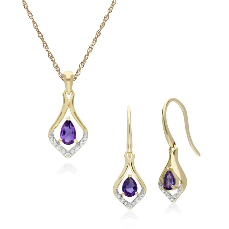 Classic Oval Amethyst & Diamond Leaf Drop Earrings & Pendant Set in 9ct Gold sold by Gemondo Jewellery