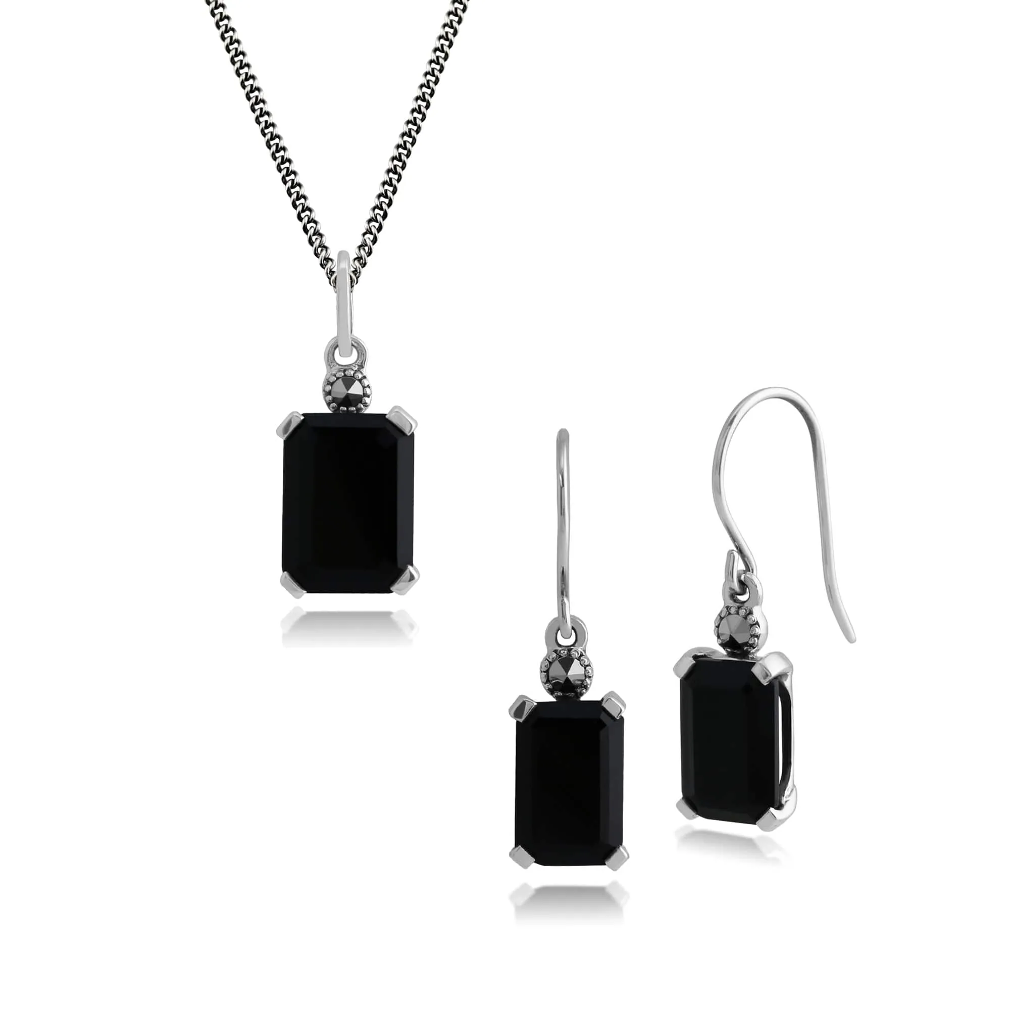 Geometric Hexagon Black Onyx Rectangle Drop Earrings & Pendant Set in 925 Sterling Silver sold by Gemondo Jewellery