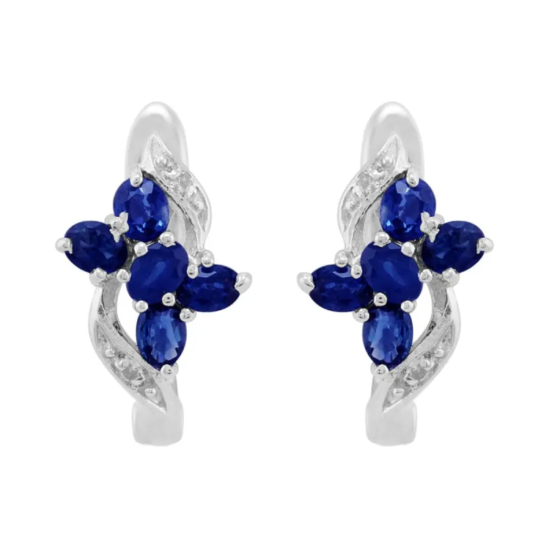 Classic Floral Sapphire & Diamond Hoop Earrings in Sterling Silver sold by Gemondo Jewellery