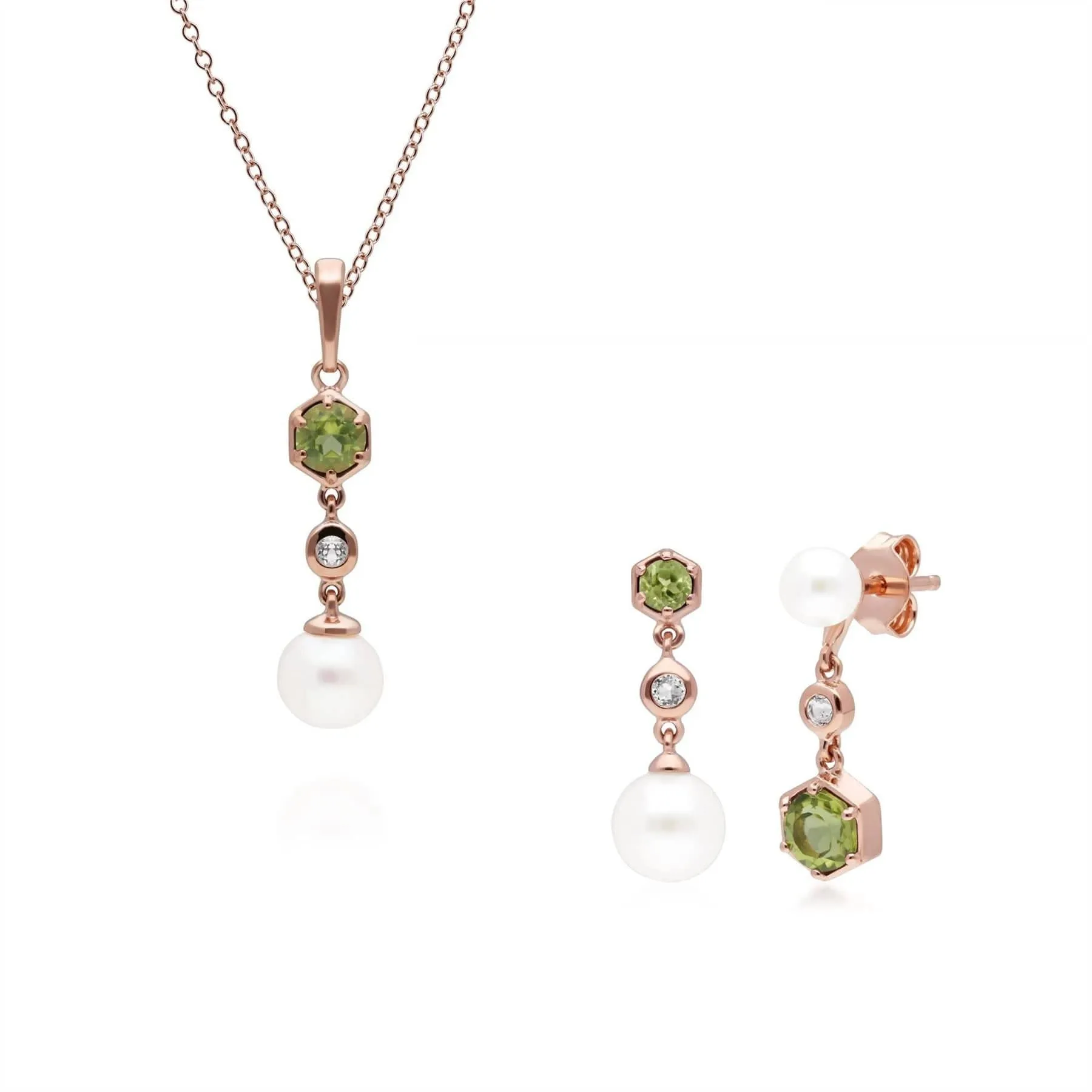 Modern Pearl, Peridot & Topaz Pendant & Earring Set in Rose Gold Plated Silver sold by Gemondo Jewellery