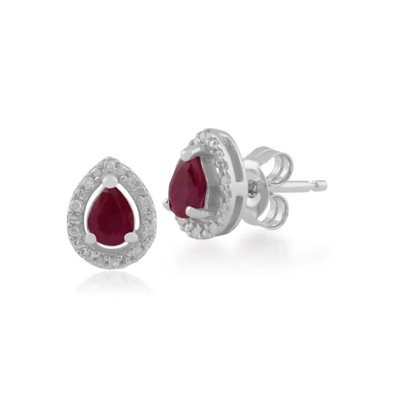 Classic Pear Ruby & Diamond Halo Stud Earrings in 9ct White Gold made by Gemondo Jewellery
