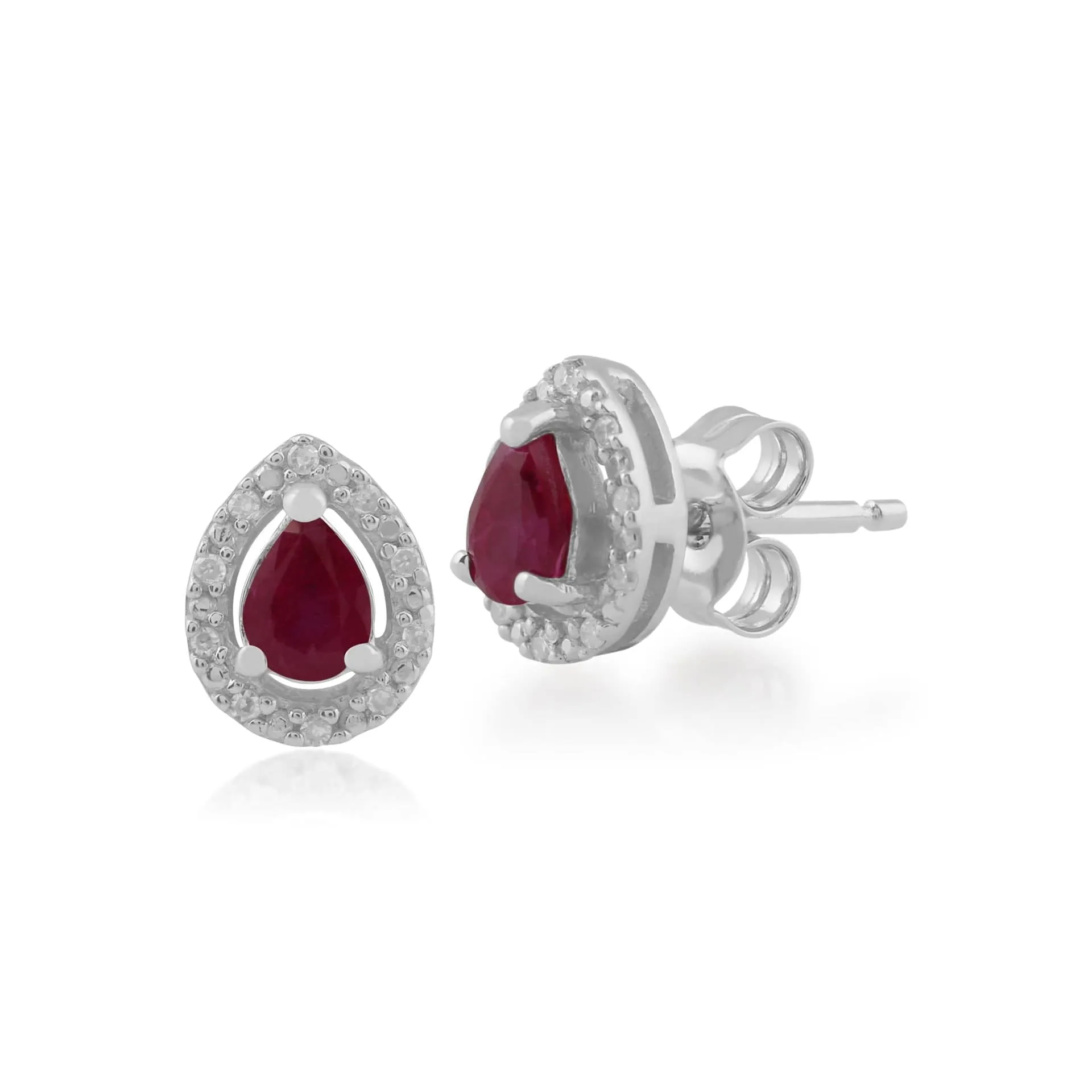 Classic Pear Ruby & Diamond Halo Stud Earrings in 9ct White Gold sold by Gemondo Jewellery