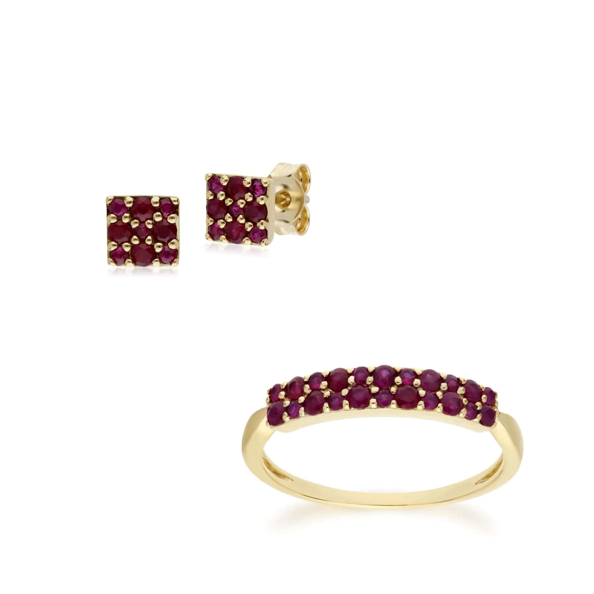 Classic Round Ruby Cluster Panel Stud Earrings & Ring Set in 9ct Yellow Gold sold by Gemondo Jewellery