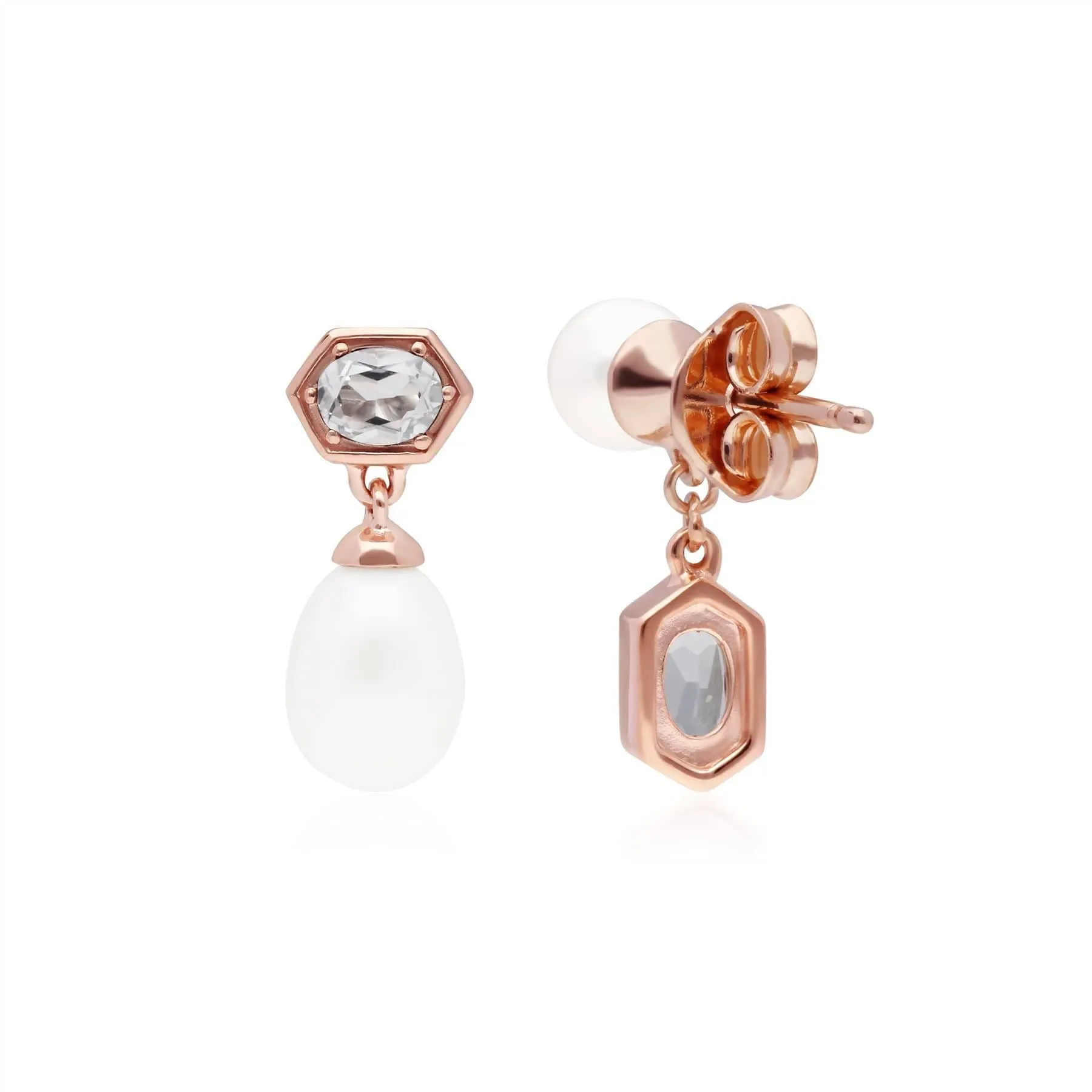 Modern Pearl & White Topaz Mismatched Drop Earrings in Rose Gold Plated Silver sold by Gemondo Jewellery product image thumbnail 2