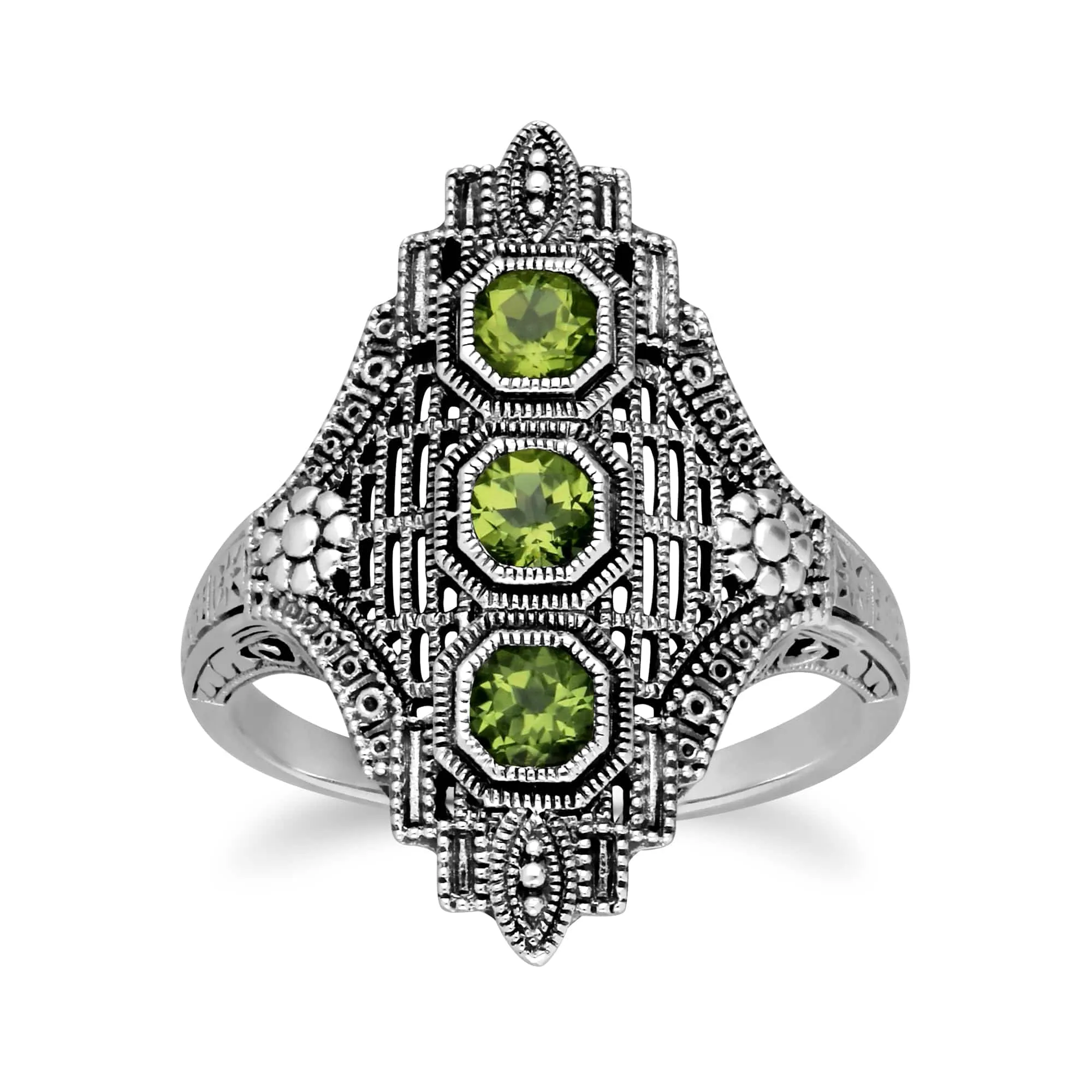 Art Nouveau Style Octagon Peridot Three Stone Filigree Statement Ring in 925 Sterling Silver sold by Gemondo Jewellery