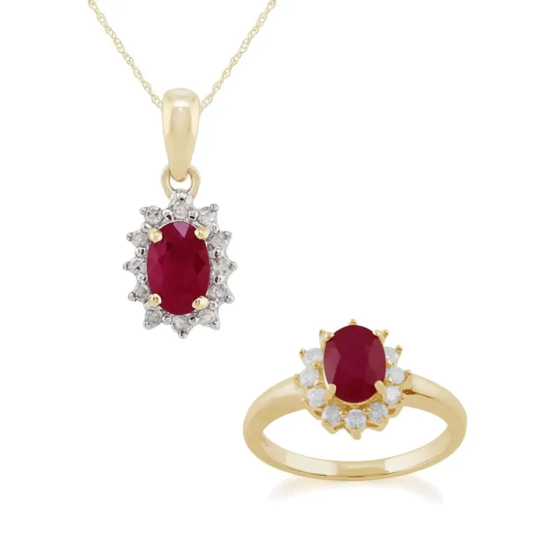 Classic Oval Ruby & Diamond Halo Cluster Pendant & Ring Set in 9ct Yellow Gold sold by Gemondo Jewellery