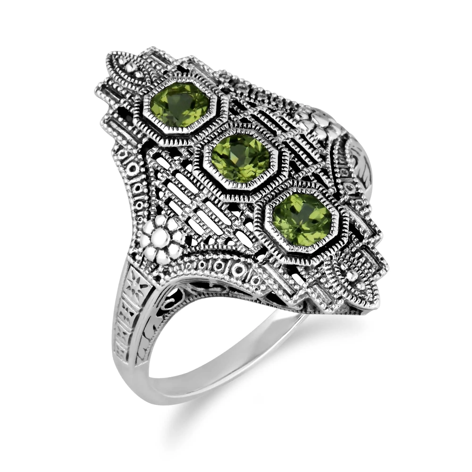 Art Nouveau Style Octagon Peridot Three Stone Filigree Statement Ring in 925 Sterling Silver sold by Gemondo Jewellery product image thumbnail 2