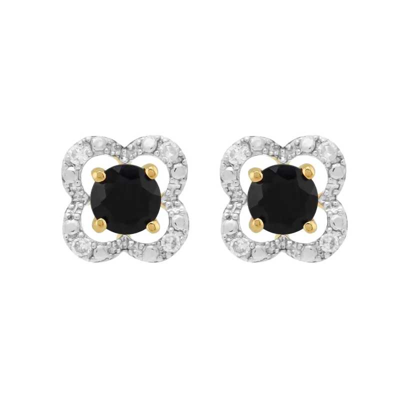 Classic Round Dark Blue Sapphire Studs with Detachable Diamond Floral Ear Jacket in 9ct Yellow Gold sold by Gemondo Jewellery