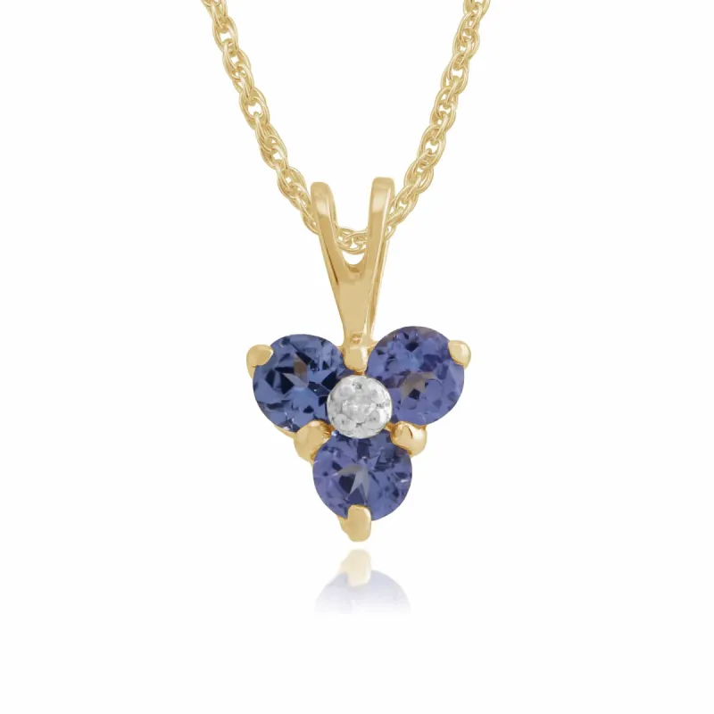 Floral Round Tanzanite & Diamond Pendant in 9ct Yellow Gold sold by Gemondo Jewellery