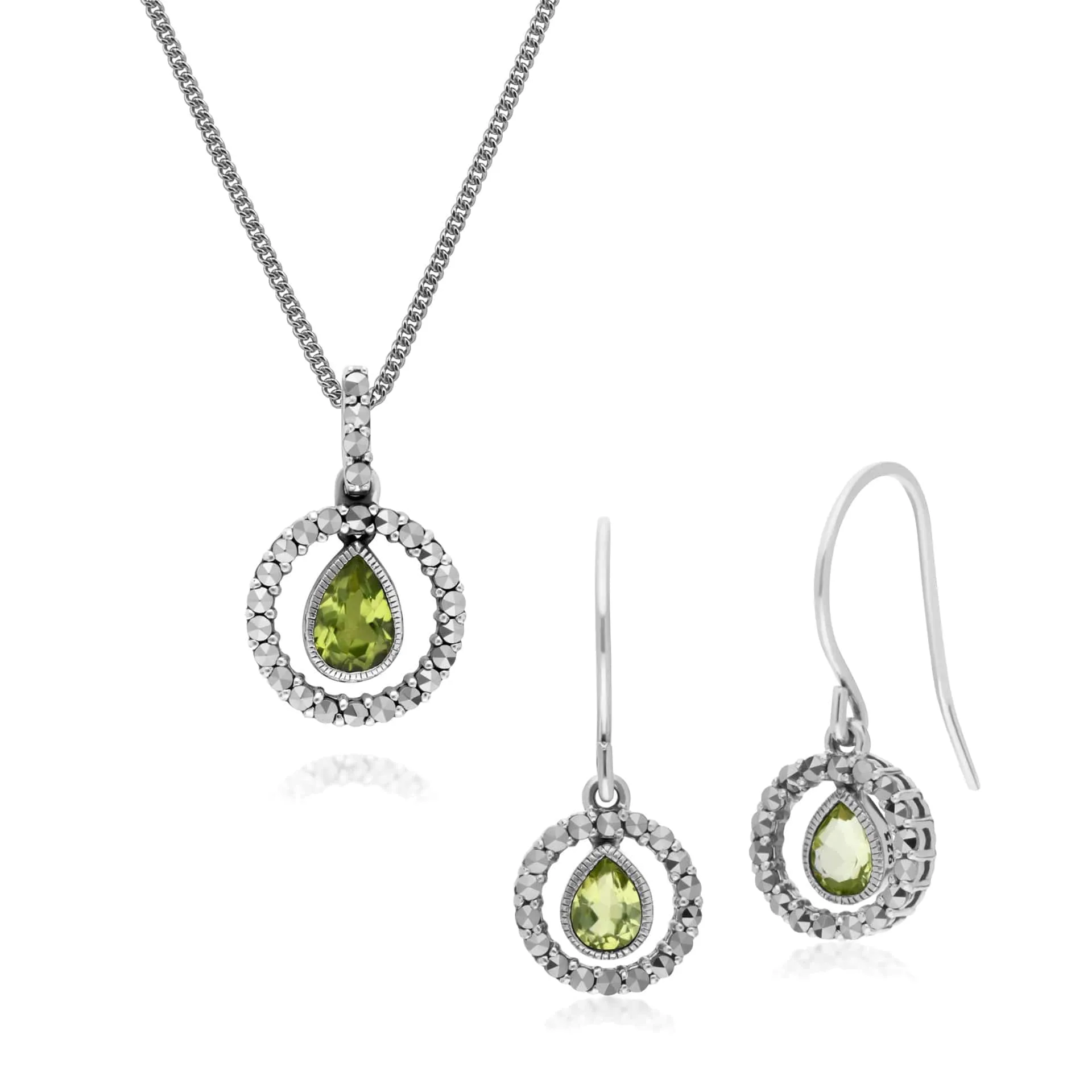 Classic Tear Drop Peridot & Marcasite Drop Earrings & 45cm Necklace Set sold by Gemondo Jewellery