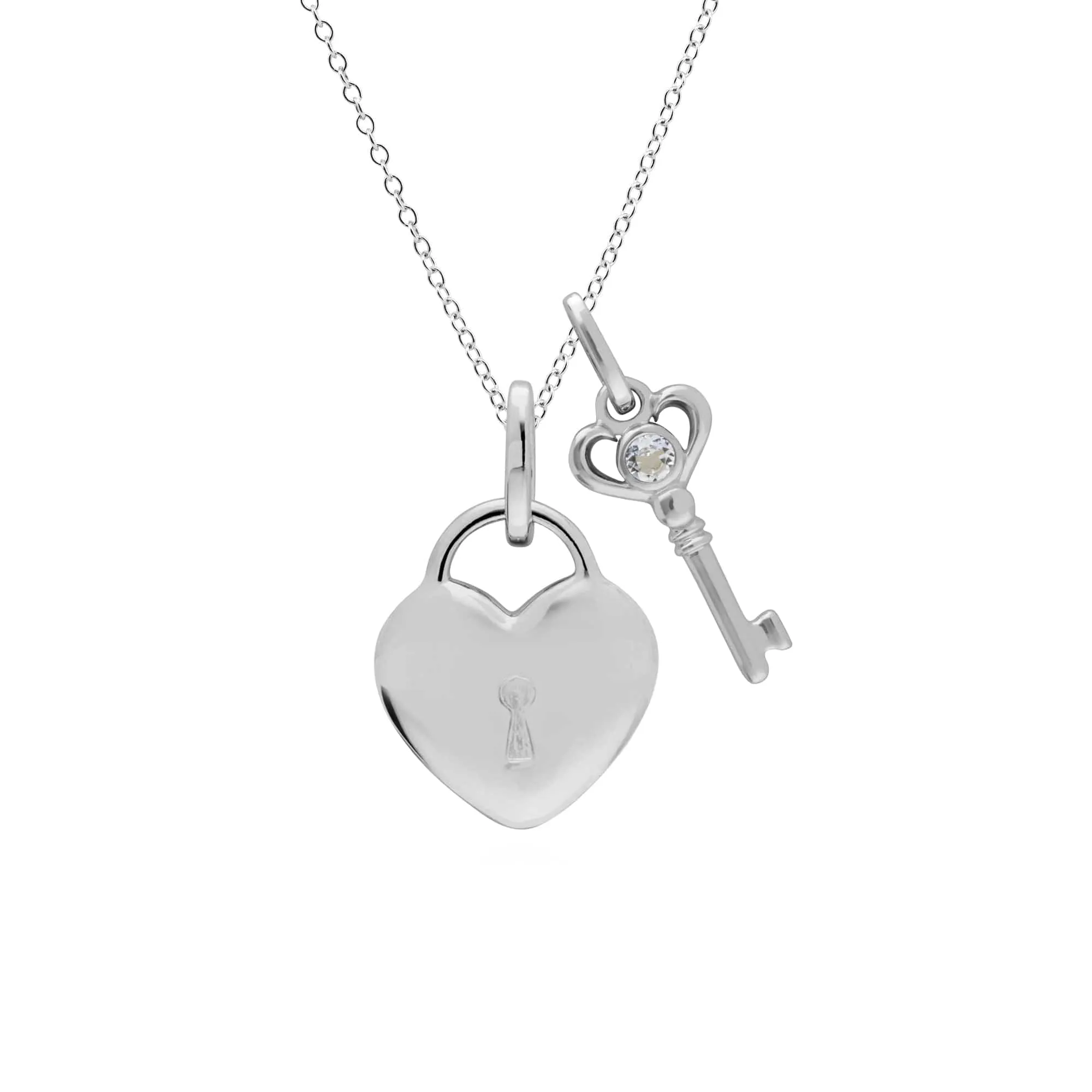 Classic Heart Lock Pendant & Clear Topaz Key Charm in 925 Sterling Silver sold by Gemondo Jewellery