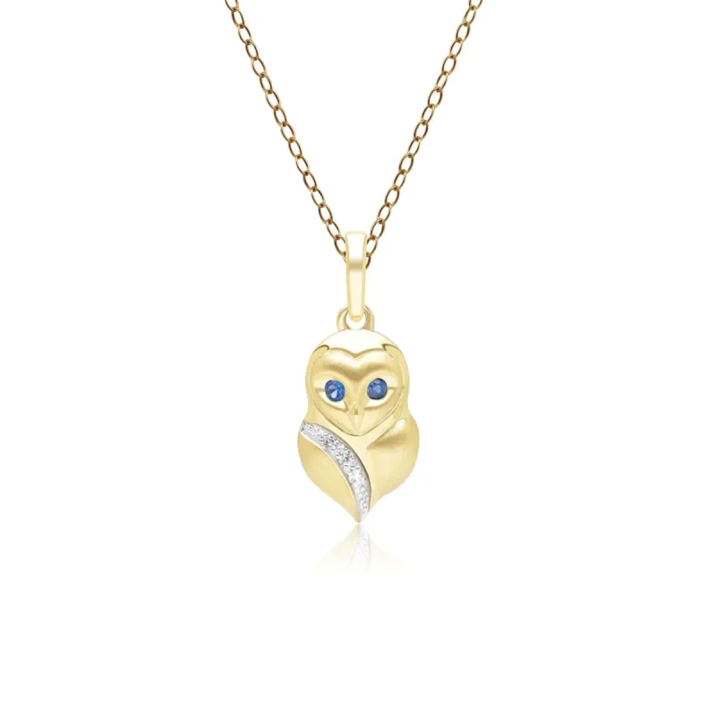 Gardenia Sapphire and White Sapphire Owl Pendant Necklace in 9ct Yellow Gold sold by Gemondo Jewellery