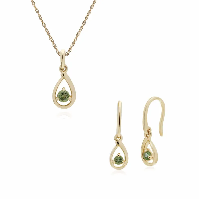 Classic Round Peridot Single Stone Tear Drop Earrings & Necklace Set in 9ct Yellow Gold sold by Gemondo Jewellery