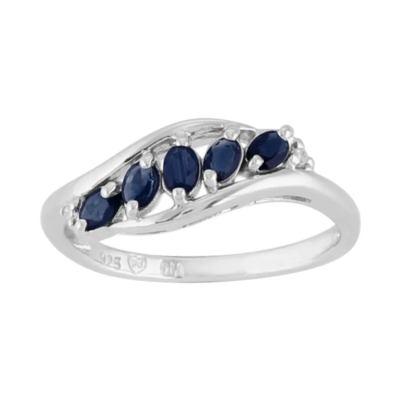 Contemporary Oval Sapphire Five Stone Leaf Style Ring in 925 Sterling Silver sold by Gemondo Jewellery