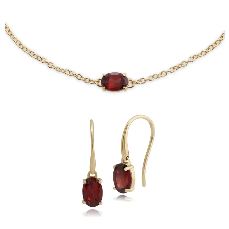 Classic Oval Garnet Single Stone Drop Earrings & Bracelet Set in 9ct Yellow Gold sold by Gemondo Jewellery