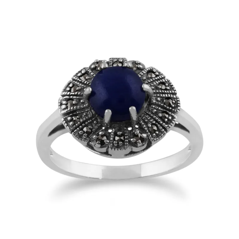 Gemondo 925 Sterling Silver 0.62ct Lapis Lazuli & Marcasite Art Deco Ring sold by Gemondo Jewellery