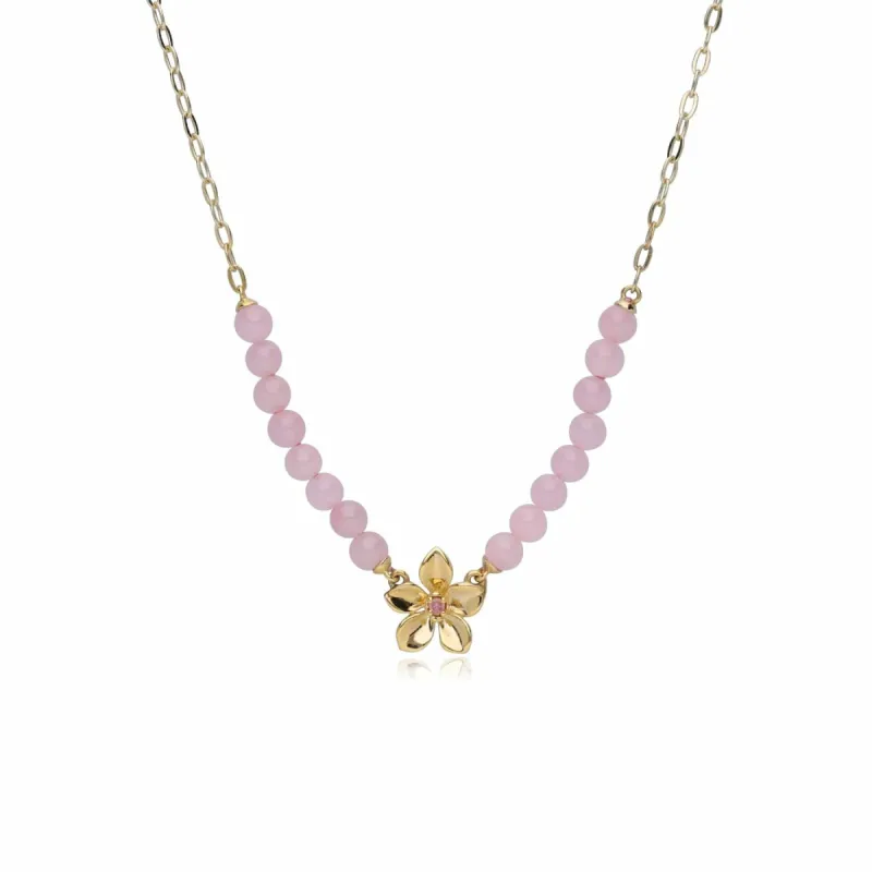 ECFEW™ Creator Dyed Pink Jadeite & Pink Tourmaline Floral Beaded Necklace in Gold Plated Sterling Silver sold by Gemondo Jewellery