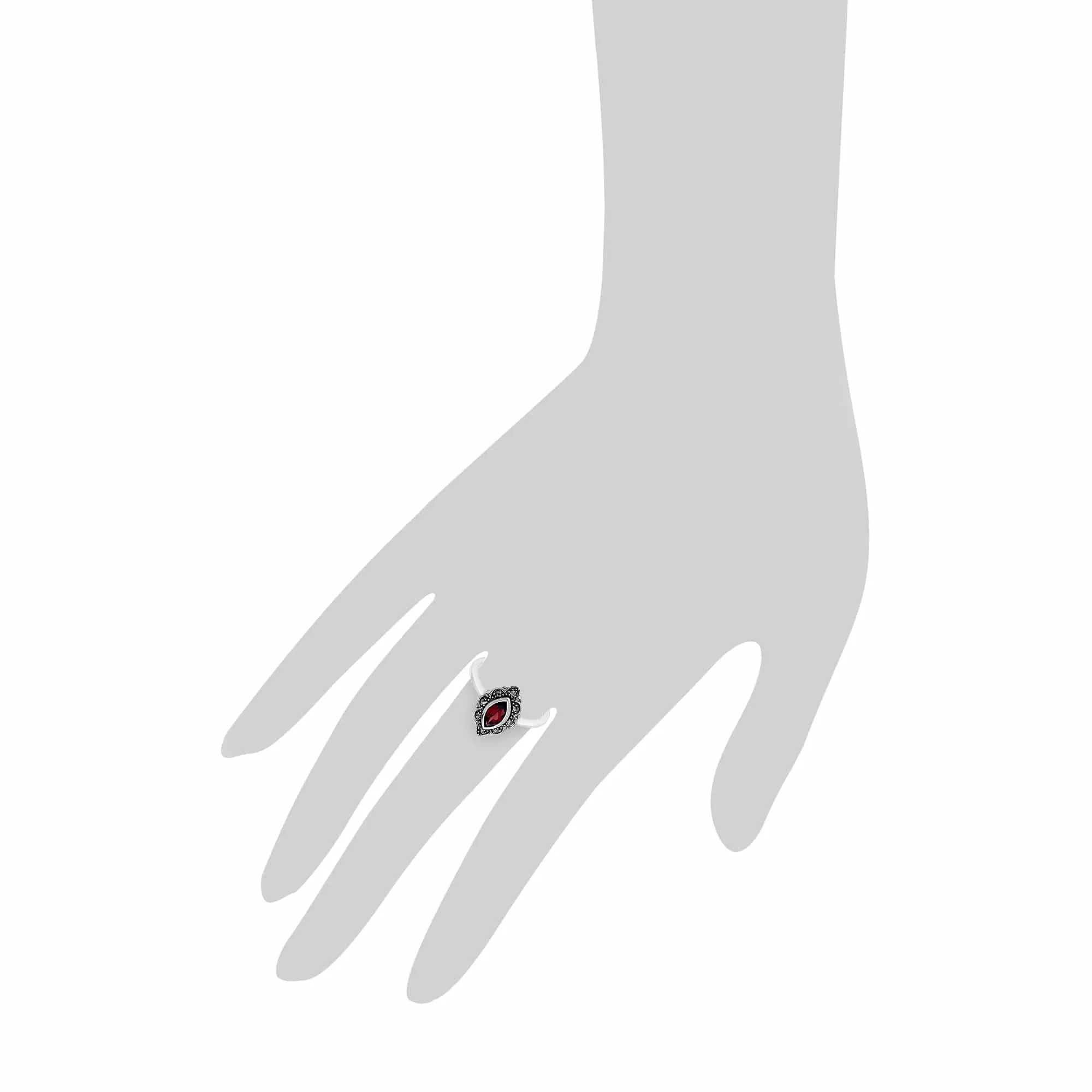 Art Nouveau Style Marquise Garnet & Marcasite Leaf Ring in 925 Sterling Silver sold by Gemondo Jewellery product image thumbnail 3