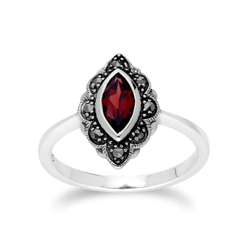 Art Nouveau Style Marquise Garnet & Marcasite Leaf Ring in 925 Sterling Silver sold by Gemondo Jewellery