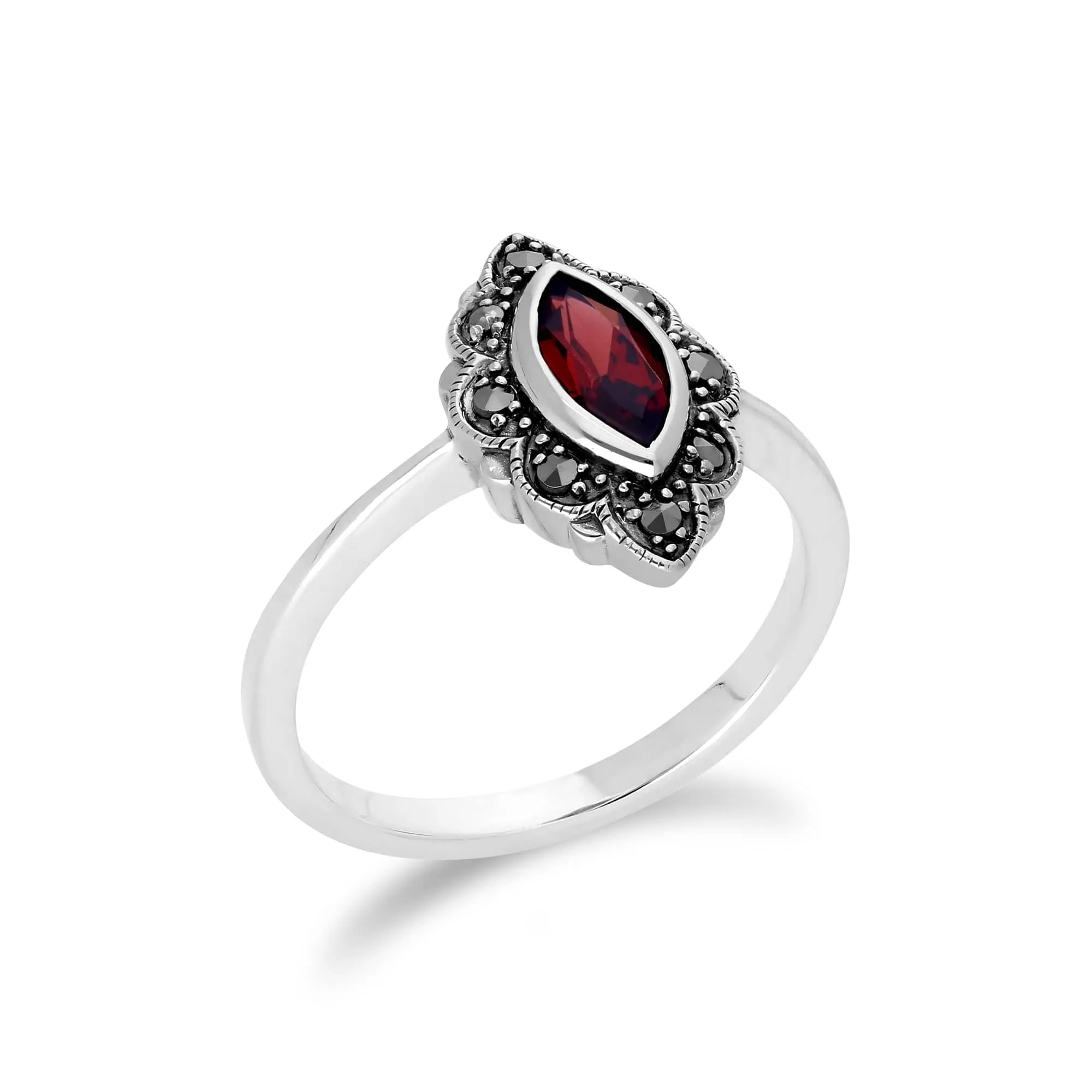 Art Nouveau Style Marquise Garnet & Marcasite Leaf Ring in 925 Sterling Silver sold by Gemondo Jewellery product image thumbnail 2