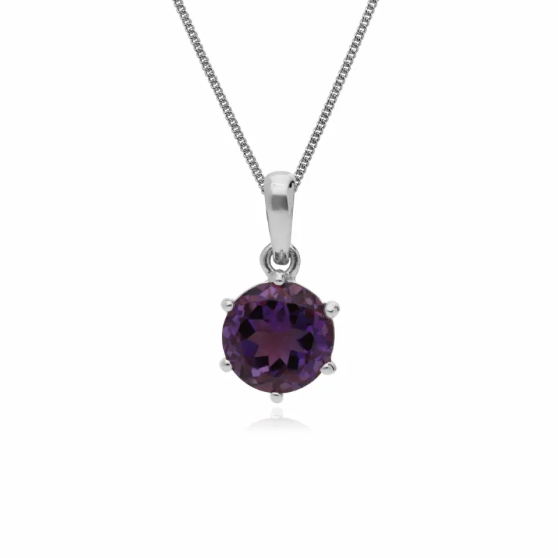 Classic Round Cut Amethyst 6 Claw Pendant in 925 Sterling Silver sold by Gemondo Jewellery