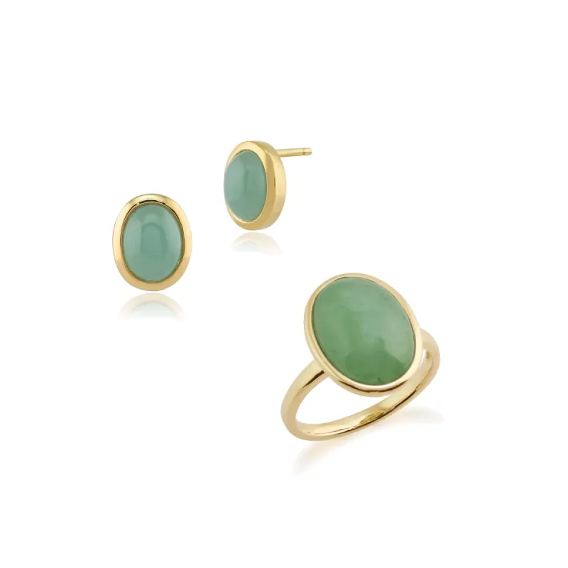 Classic Oval Dyed Green Jade Bezel Stud Earrings & Cocktail Ring Set in 9ct Yellow Gold sold by Gemondo Jewellery