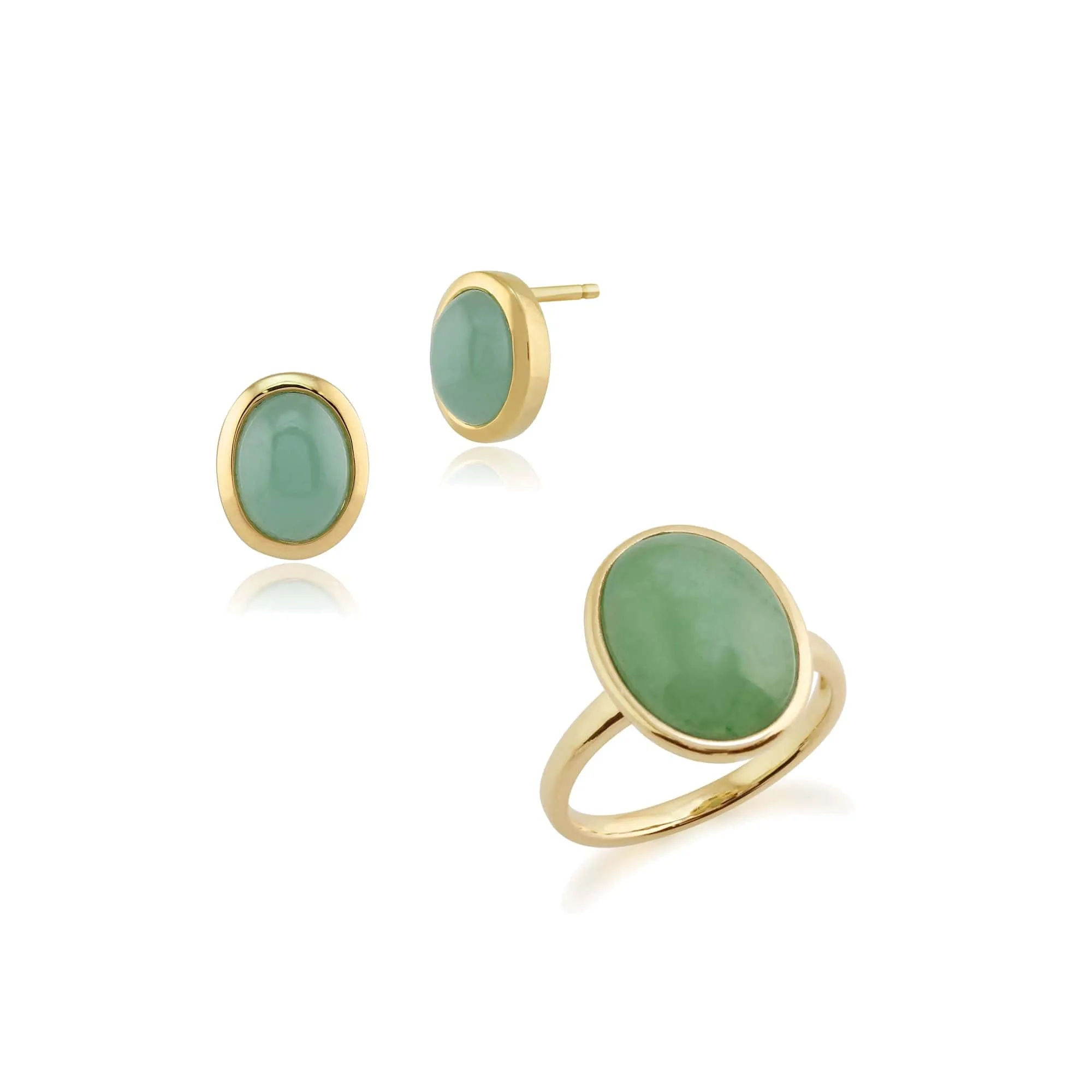 Classic Oval Dyed Green Jade Bezel Stud Earrings & Cocktail Ring Set in 9ct Yellow Gold sold by Gemondo Jewellery