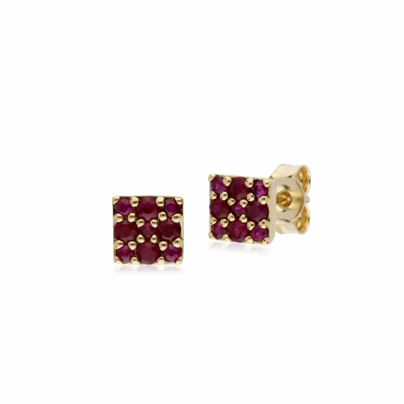 Gemondo 9ct Yellow Gold Ruby Cluster Panel Stud Earrings sold by Gemondo Jewellery
