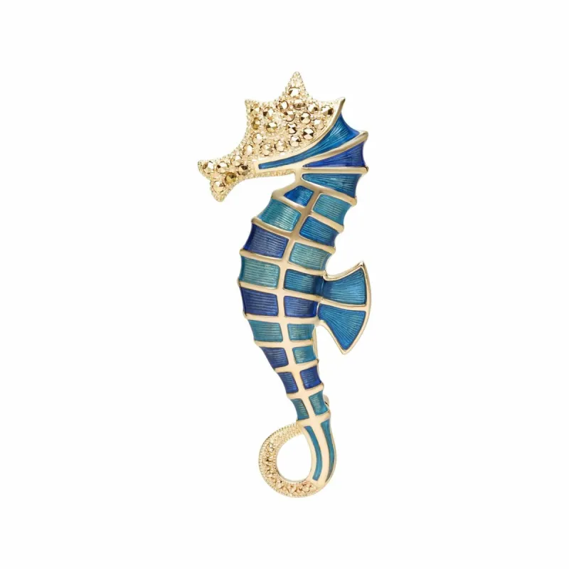 Marcasite & Enamel Seahorse Brooch in 18ct Gold Plated Silver sold by Gemondo Jewellery