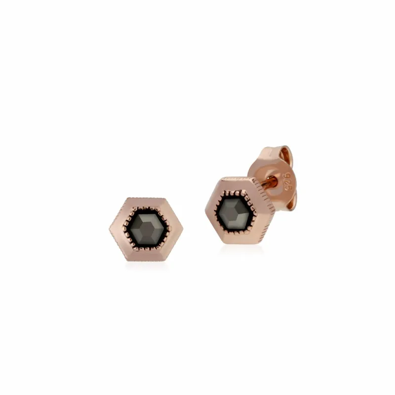 Rose Gold Plated Hexagon Marcasite Stud Earrings in 925 Sterling Silver sold by Gemondo Jewellery