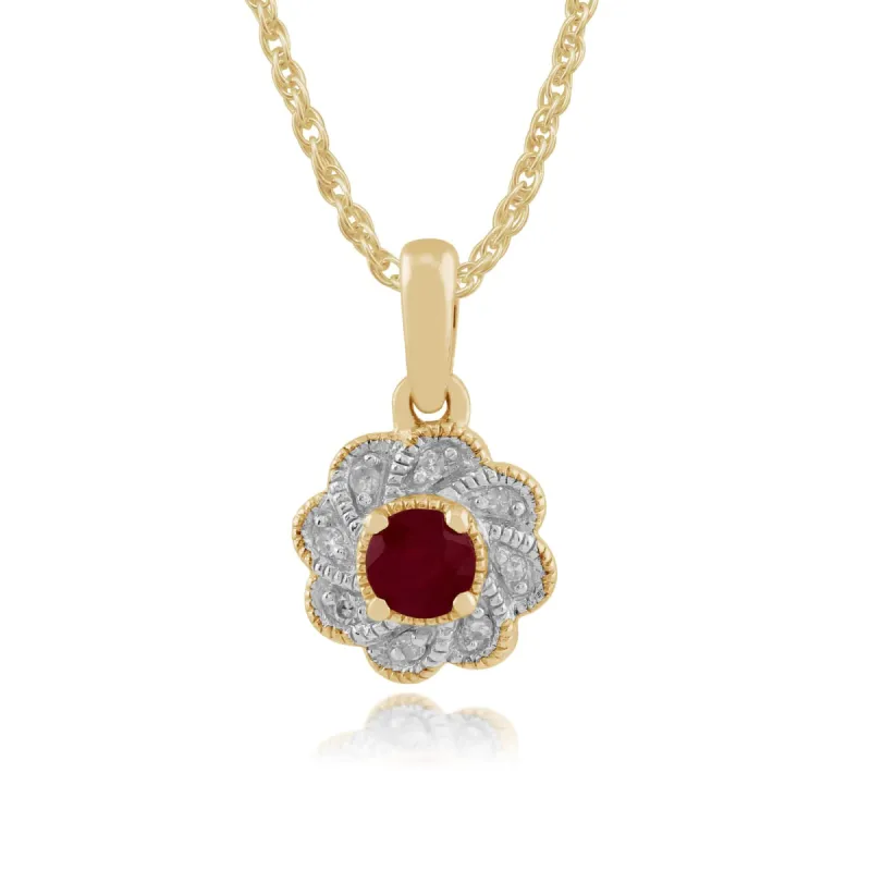 Gemondo 9ct Yellow Gold 0.24ct Ruby & Diamond Floral Pendant on 45cm Chain sold by Gemondo Jewellery