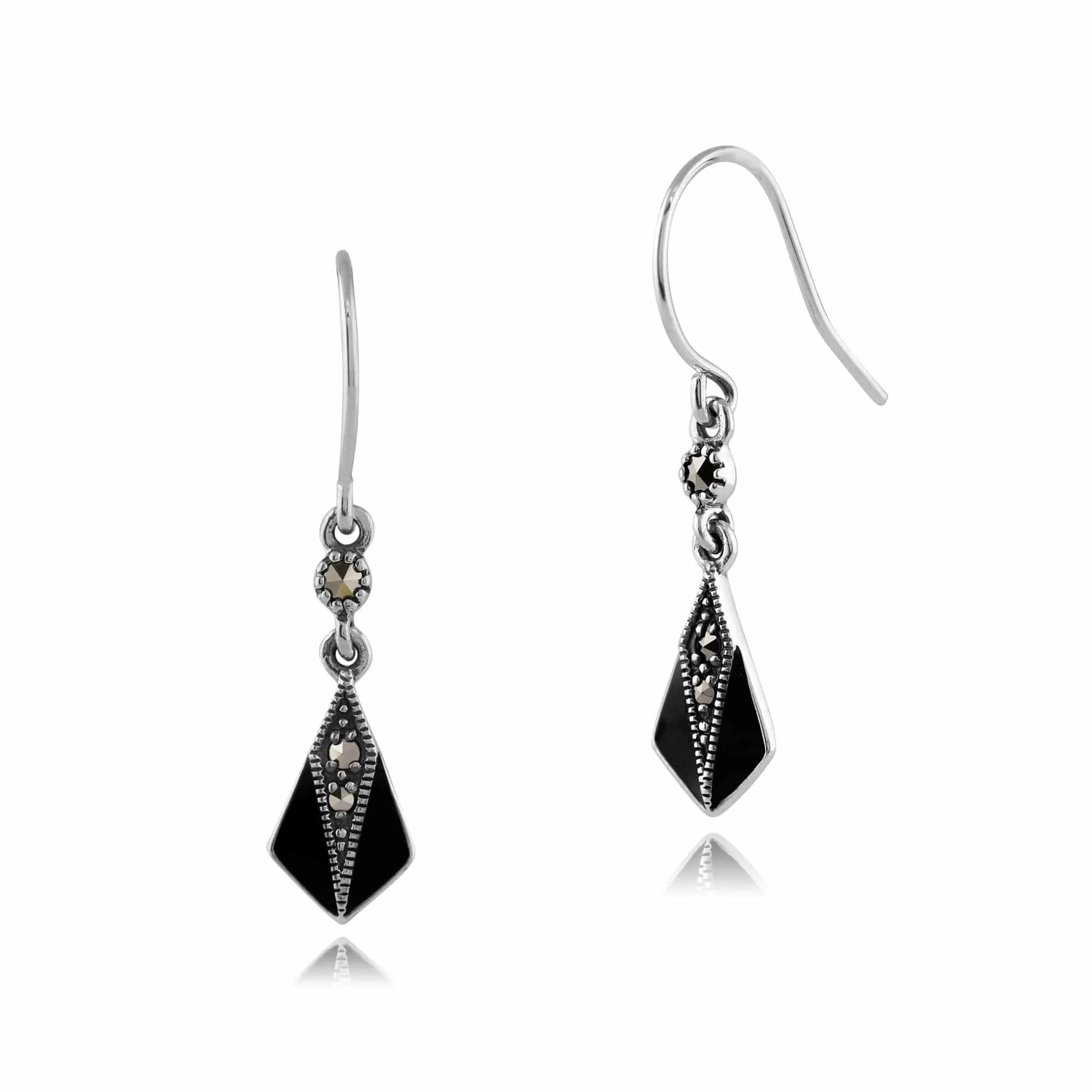 Art Deco Style Round Marcasite & Enamel Drop Earrings in 925 Sterling Silver sold by Gemondo Jewellery