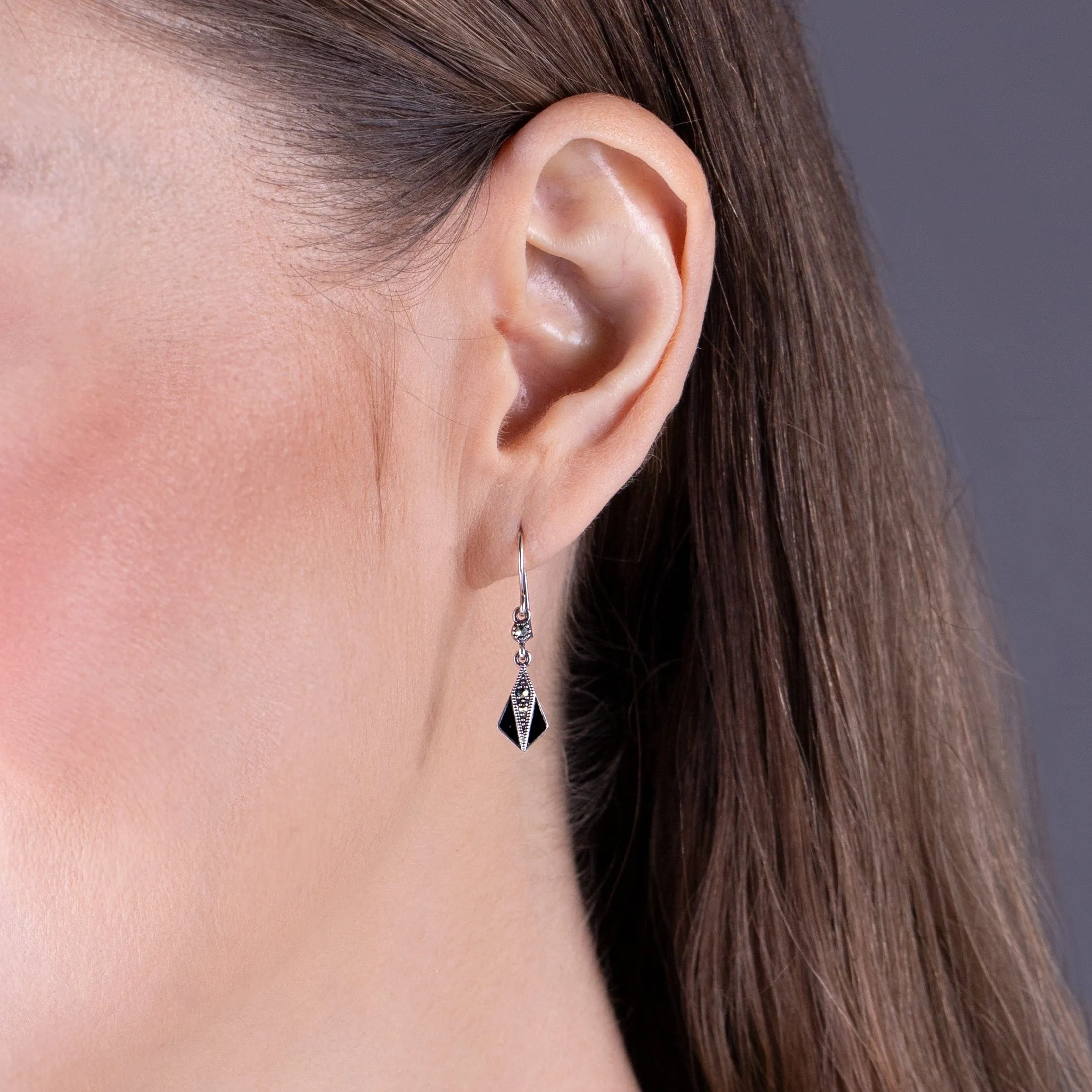 Art Deco Style Round Marcasite & Enamel Drop Earrings in 925 Sterling Silver sold by Gemondo Jewellery product image thumbnail 2