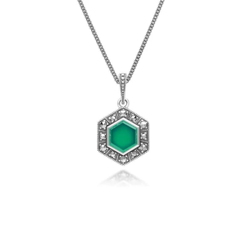 Art Deco Style Hexagon Chalcedony and Marcasite Pendant Necklace in Sterling Silver sold by Gemondo Jewellery