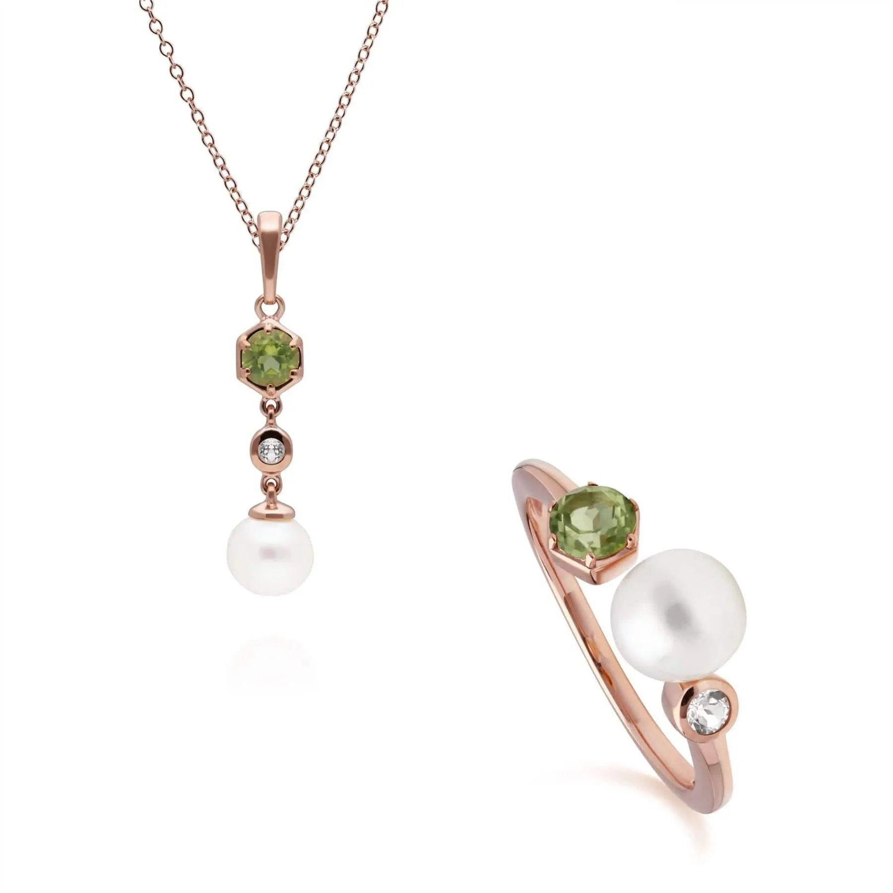 Modern Pearl, Peridot & Topaz Pendant & Ring Set in Rose Gold Plated Silver sold by Gemondo Jewellery