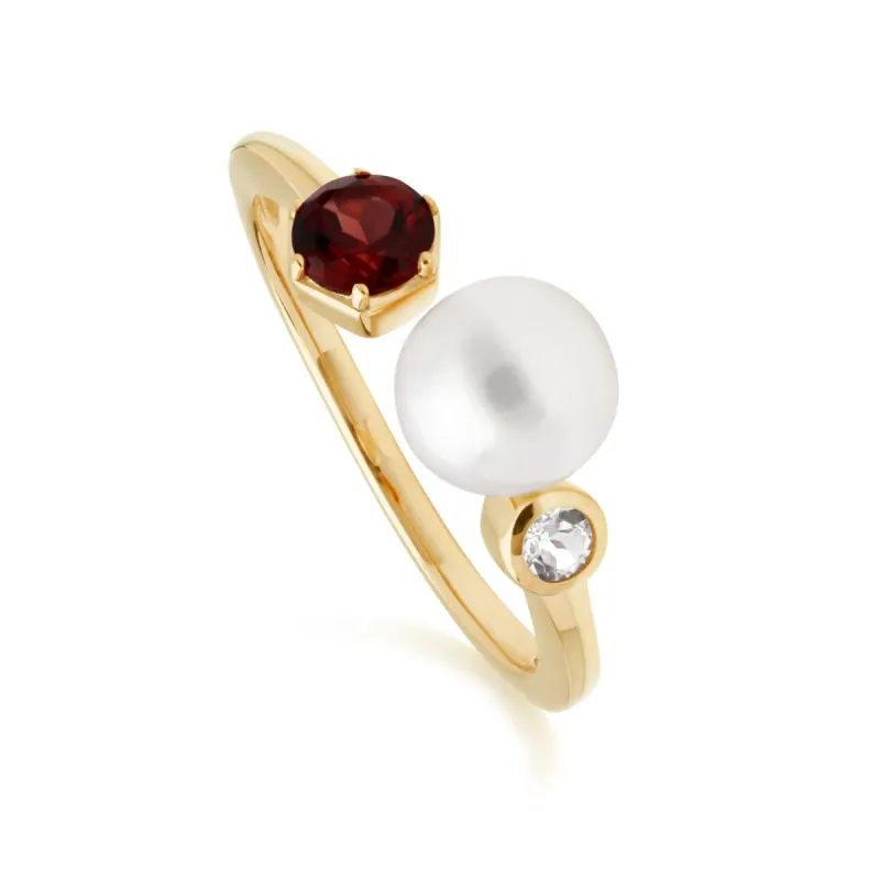 Modern Pearl, Garnet & Topaz Open Ring in Gold Plated Silver sold by Gemondo Jewellery
