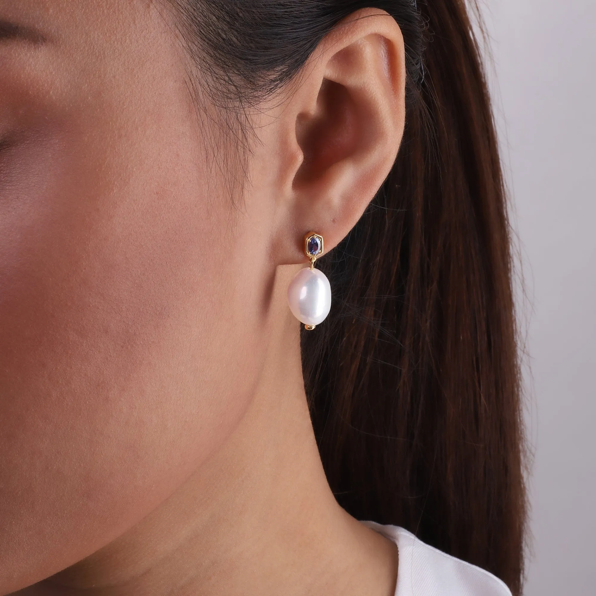 Modern Baroque Pearl & Sapphire Drop Earrings in Gold Plated Silver sold by Gemondo Jewellery product image thumbnail 3