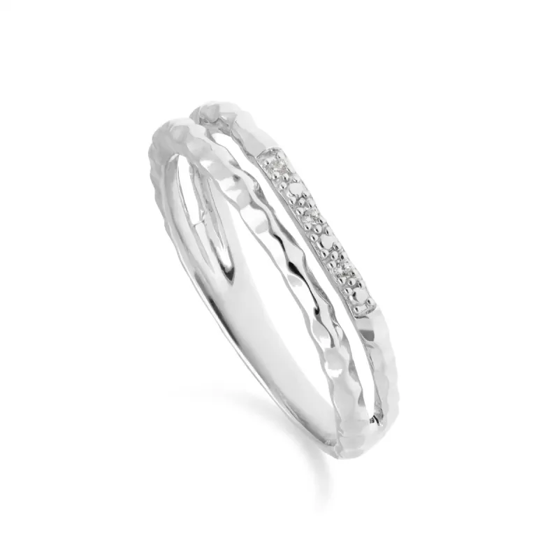 Diamond Pavé Hammered Double Band Ring in 9ct White Gold sold by Gemondo Jewellery