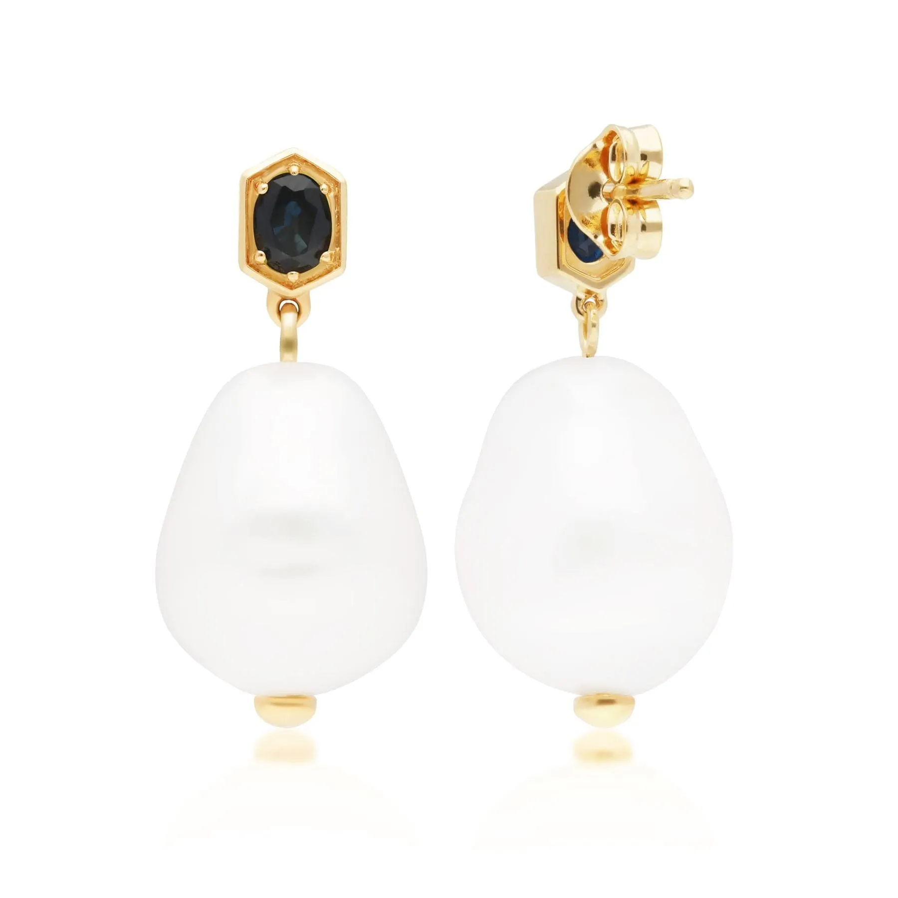 Modern Baroque Pearl & Sapphire Drop Earrings in Gold Plated Silver sold by Gemondo Jewellery product image thumbnail 4