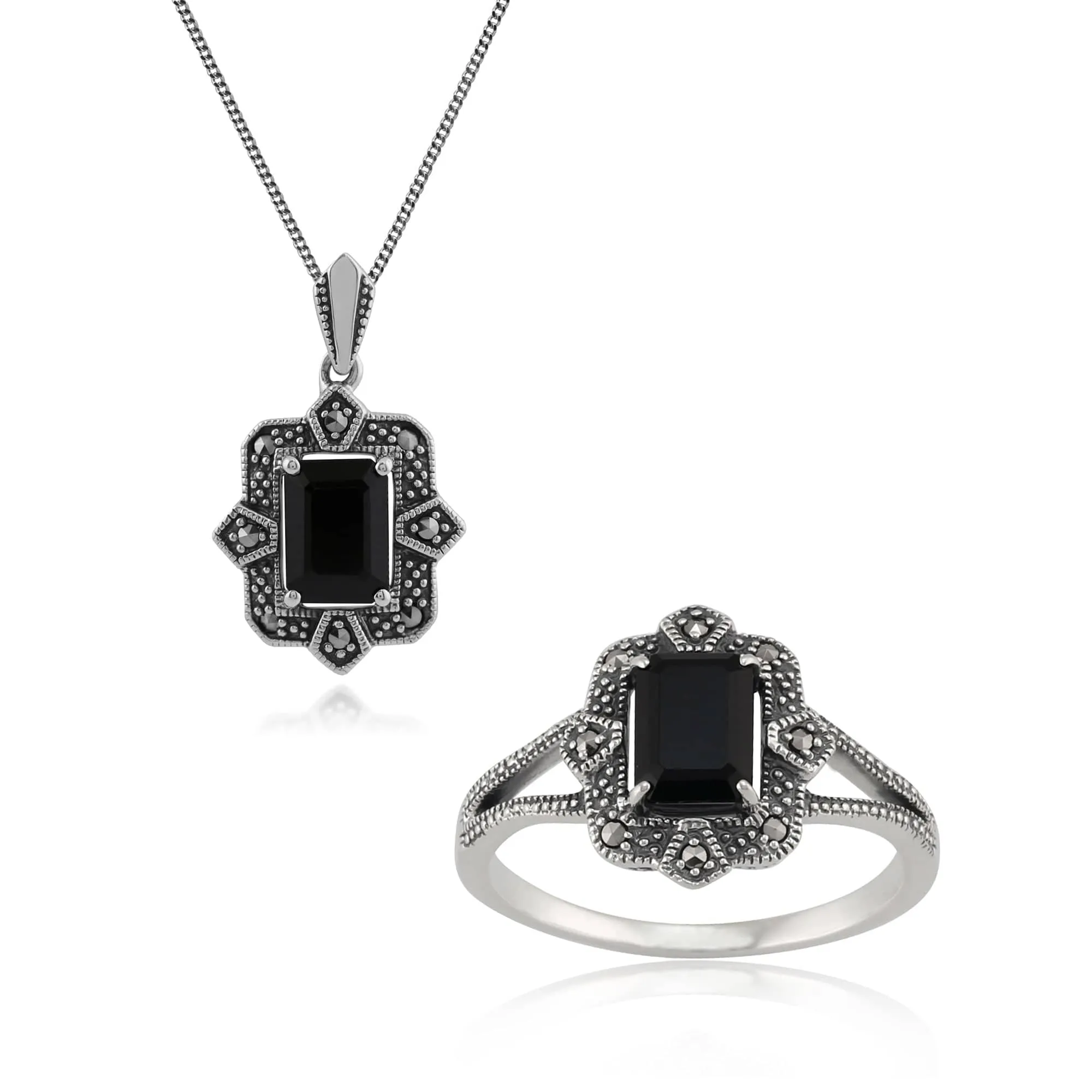 Art Deco Style Black Spinel & Marcasite Drop Pendant Necklace & Ring Set in Silver sold by Gemondo Jewellery