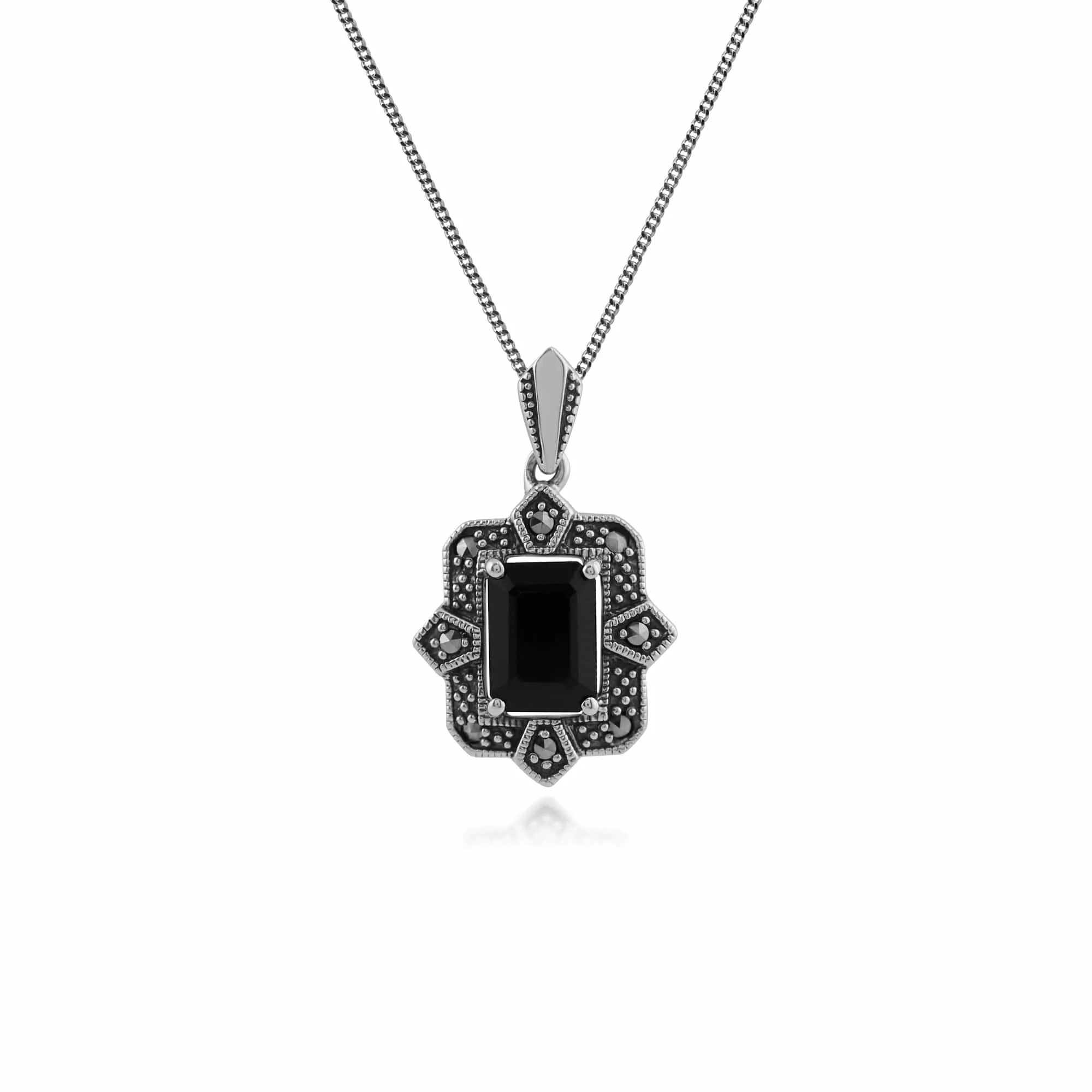 Art Deco Style Black Spinel & Marcasite Drop Pendant Necklace & Ring Set in Silver sold by Gemondo Jewellery product image thumbnail 3