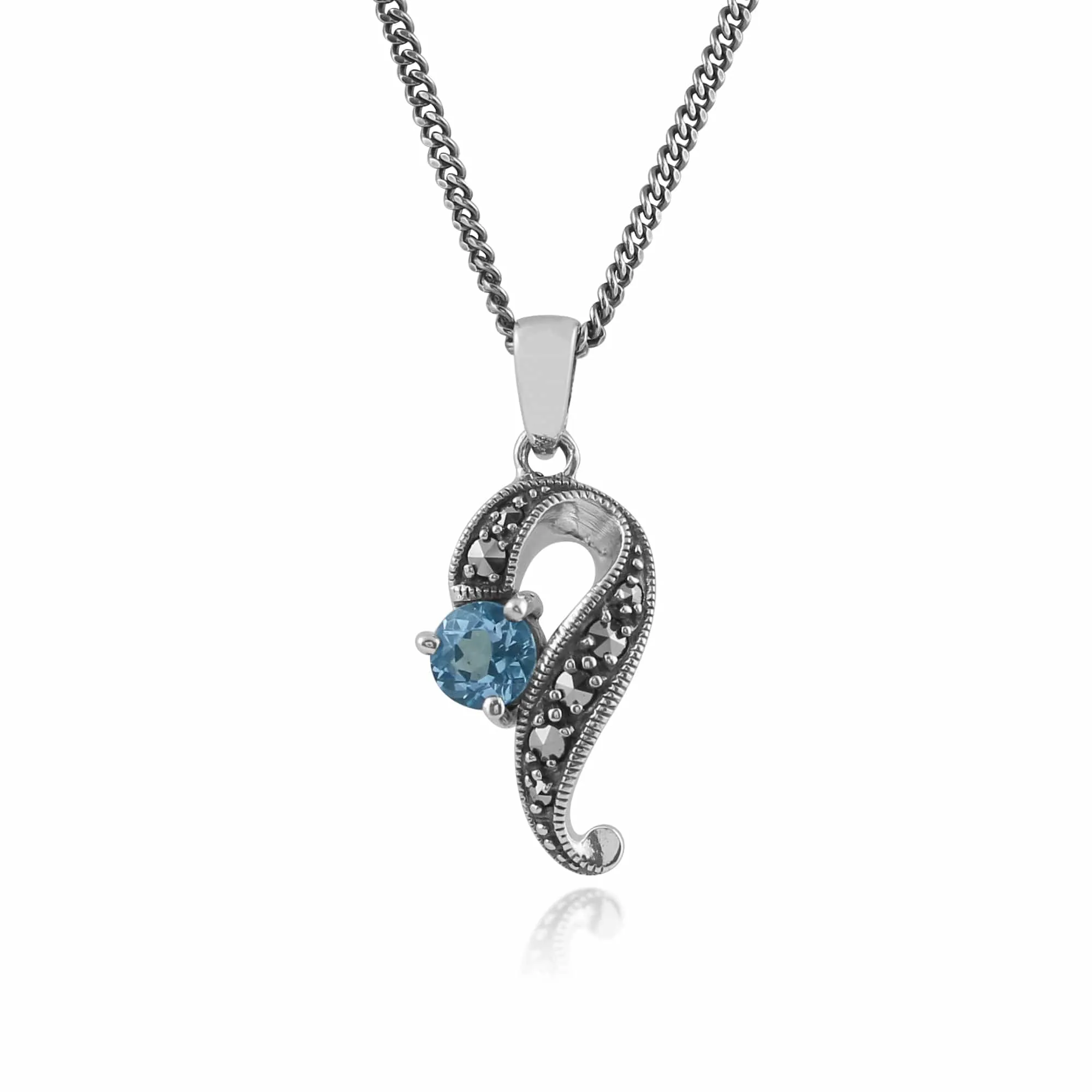 Art Nouveau Style Round Blue Topaz & Marcasite Swirl Pendant in 925 Sterling Silver sold by Gemondo Jewellery