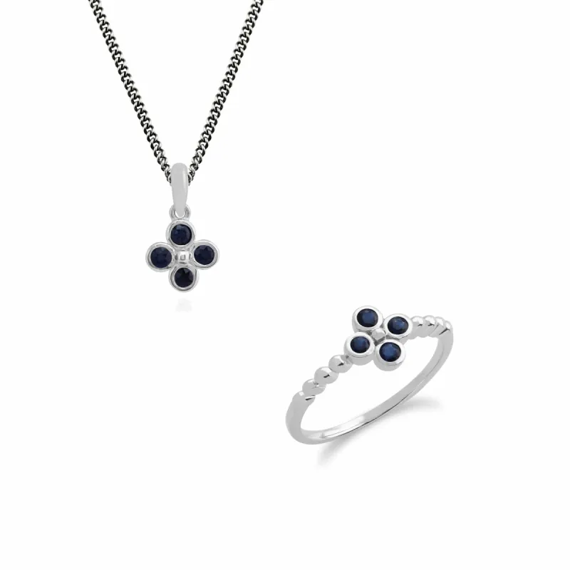 Floral Round Sapphire Clover Pendant & Ring Set in 925 Sterling Silver sold by Gemondo Jewellery