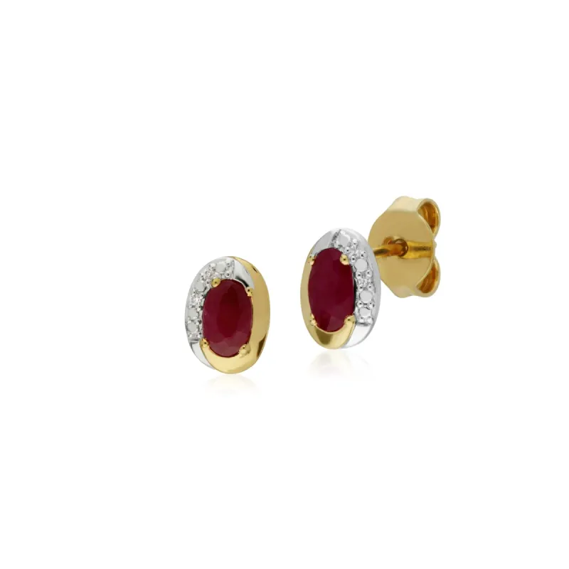 Classic Oval Ruby & Diamond Stud Earrings in Two Tone 9ct Yellow Gold sold by Gemondo Jewellery