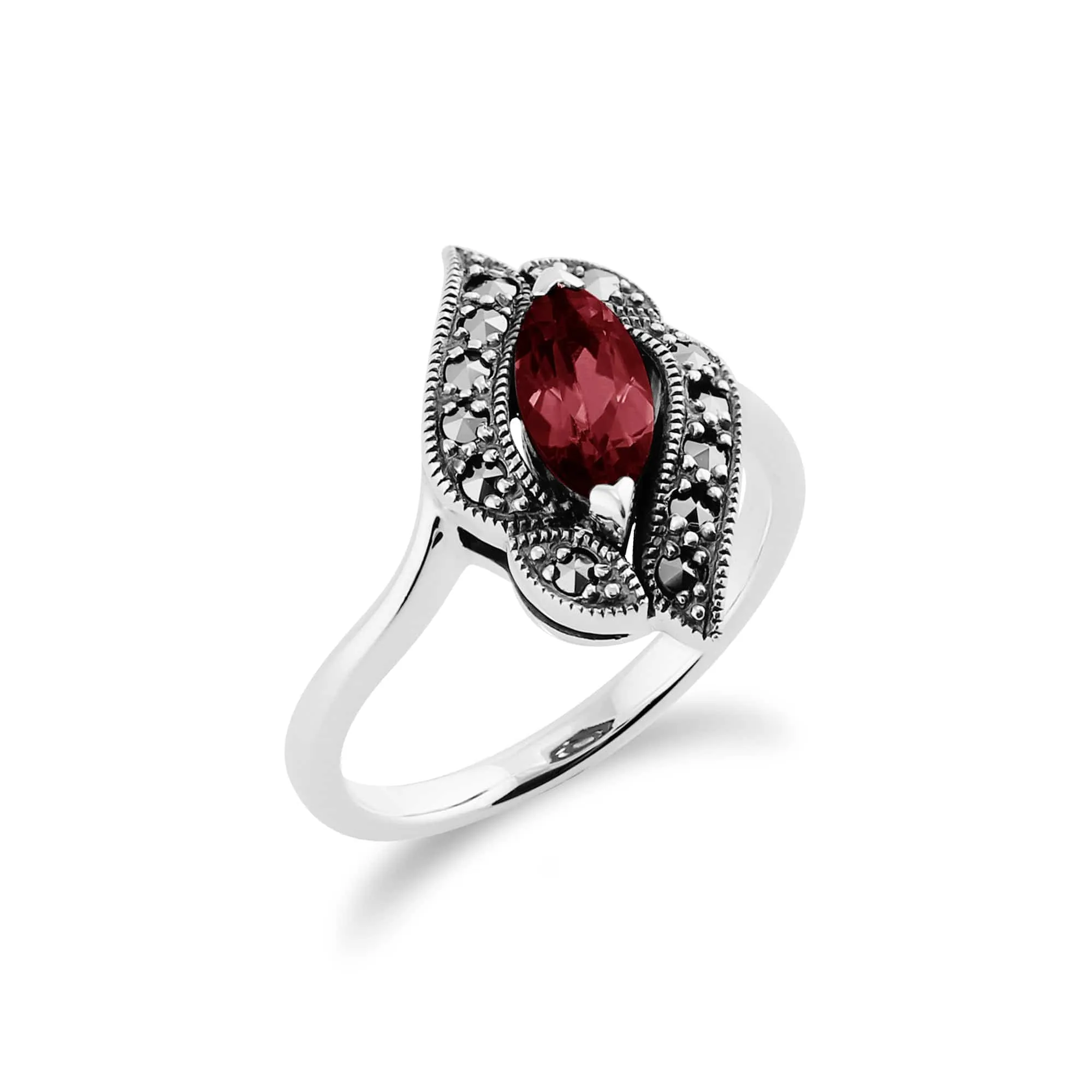 Art Nouveau Style Marquise Garnet & Marcasite Ring in 925 Sterling Silver sold by Gemondo Jewellery product image thumbnail 2