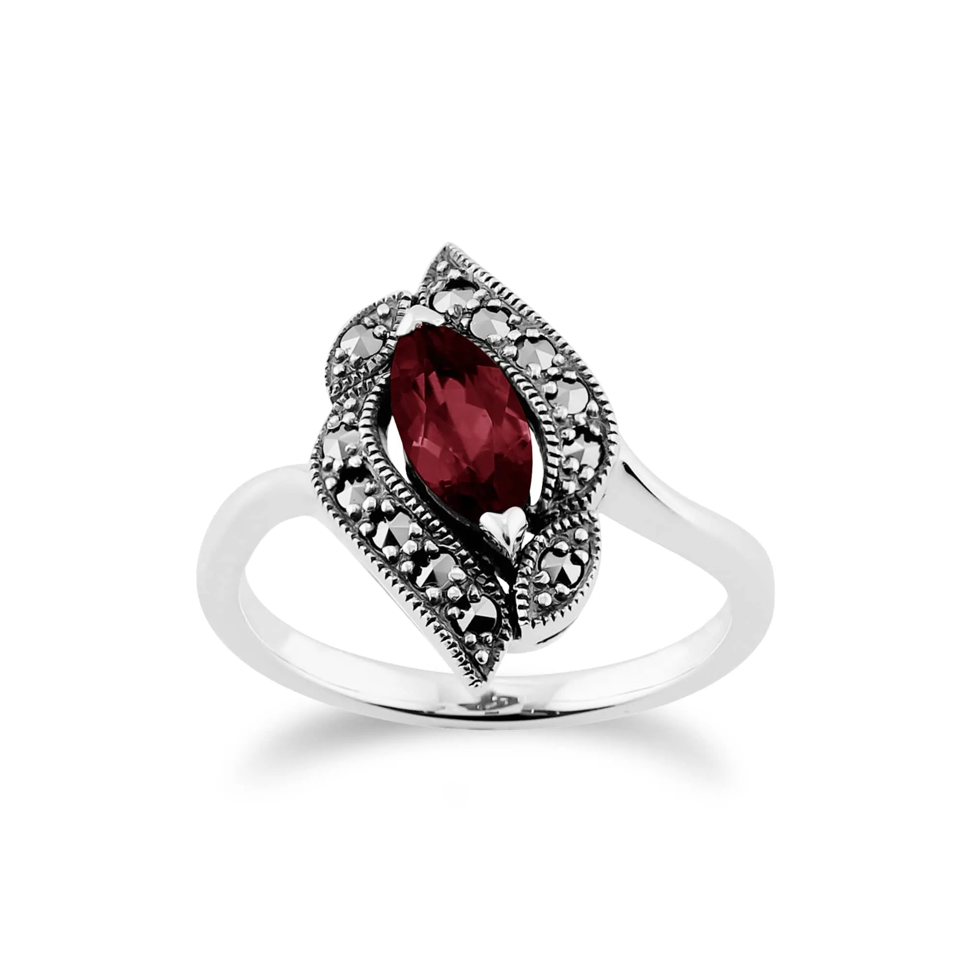 Art Nouveau Style Marquise Garnet & Marcasite Ring in 925 Sterling Silver sold by Gemondo Jewellery
