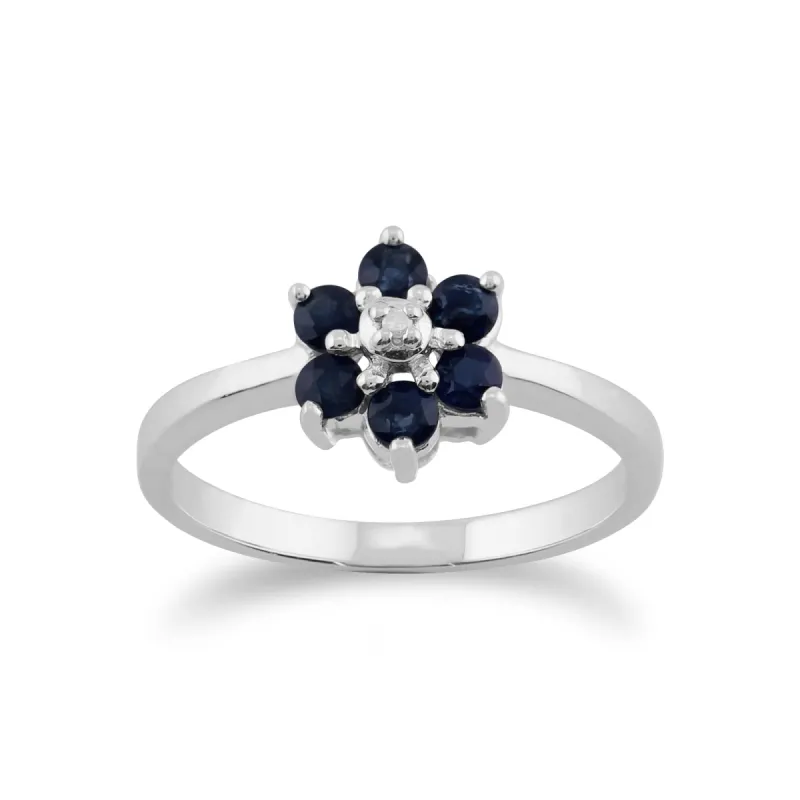 Floral Round Sapphire & Diamond Cluster Ring in 9ct White Gold sold by Gemondo Jewellery