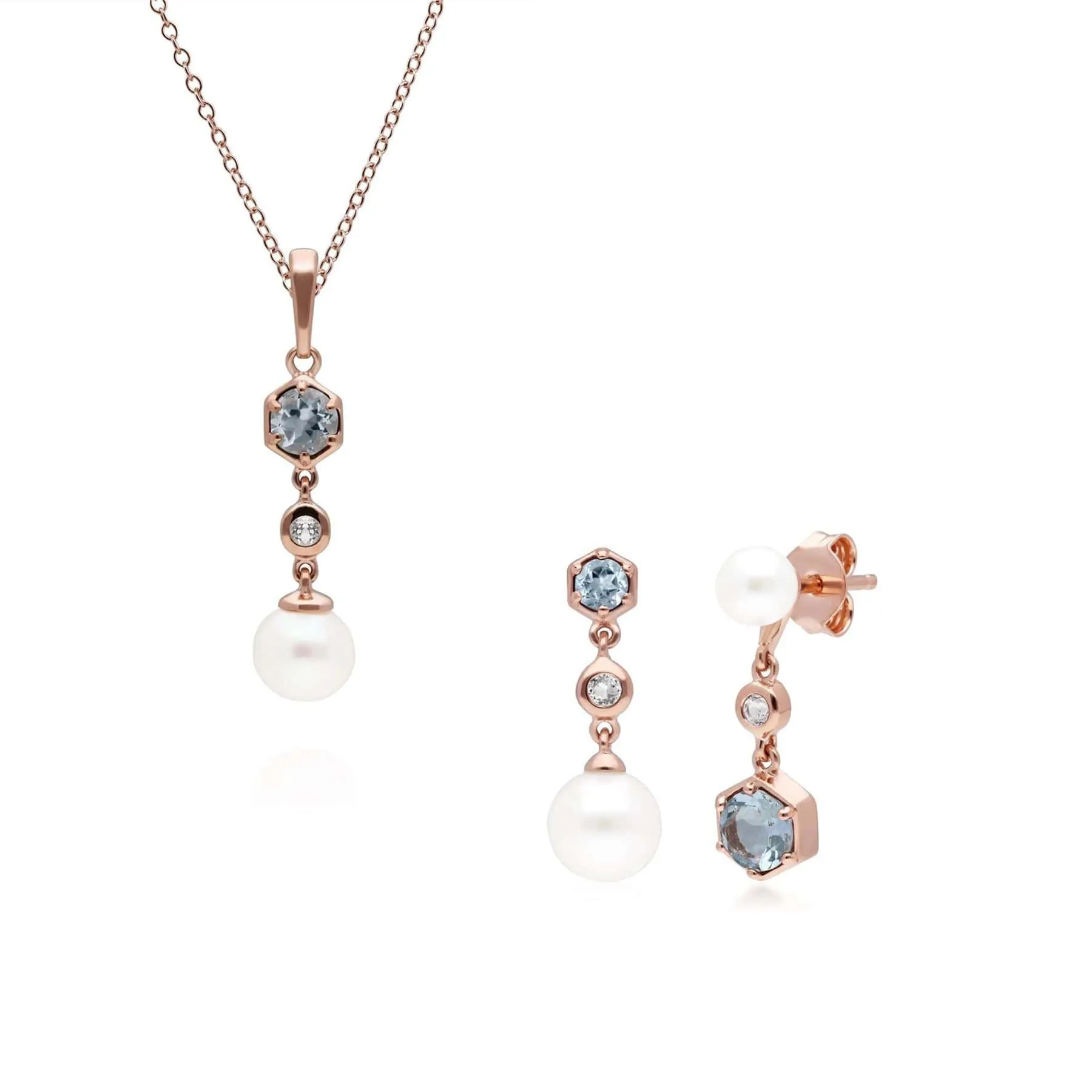 Modern Pearl, Aquamarine & Topaz Pendant & Earring Set in Rose Gold Plated Silver sold by Gemondo Jewellery