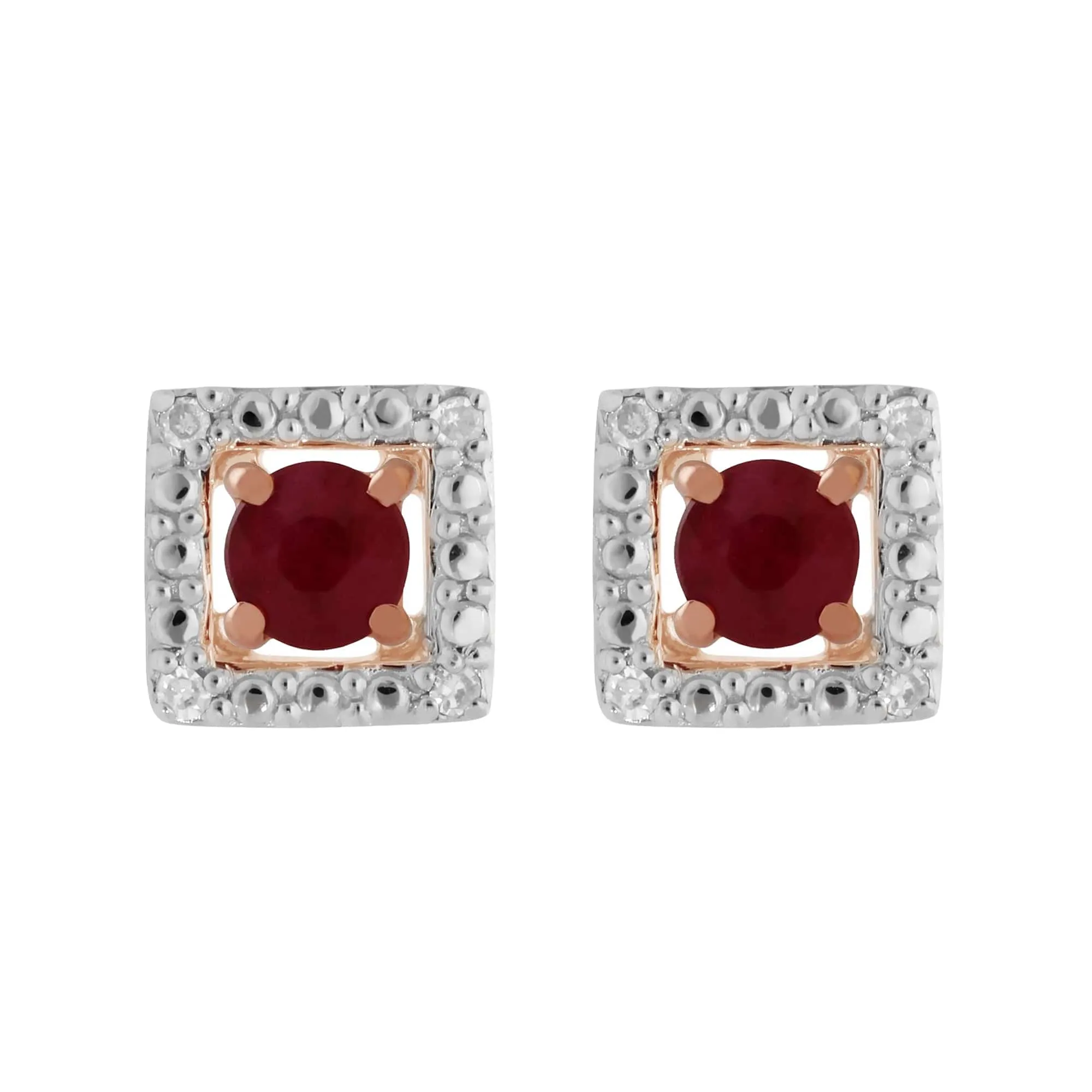 Classic Round Ruby Stud Earrings with Detachable Diamond Square Ear Jacket in 9ct Rose Gold sold by Gemondo Jewellery